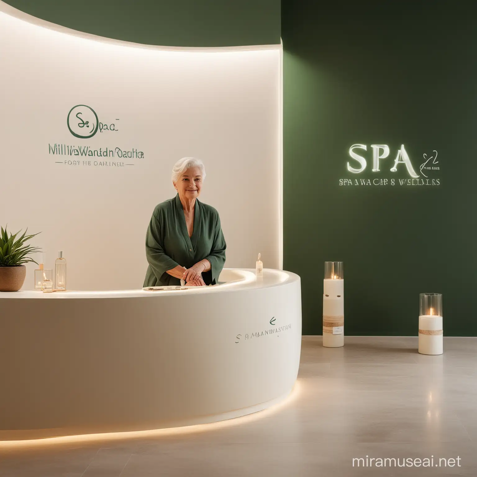 Spa and wellness branding for old people. One message table with mood lighting. Cream and dark green logo with spa interiors in the background. Luxury minimal and white interiors. Curved walls of interiors. Old woman in the background.