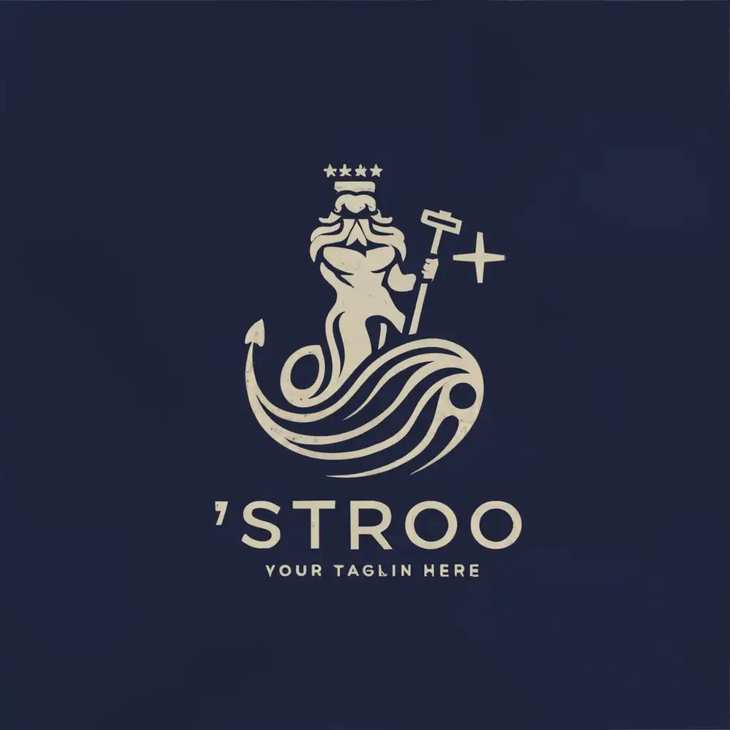 a logo design,with the text "Strobeto
Your Yard Guard", main symbol:5 star crowed merman rides sea wave with high pressure cleaner,Minimalistic,clear background