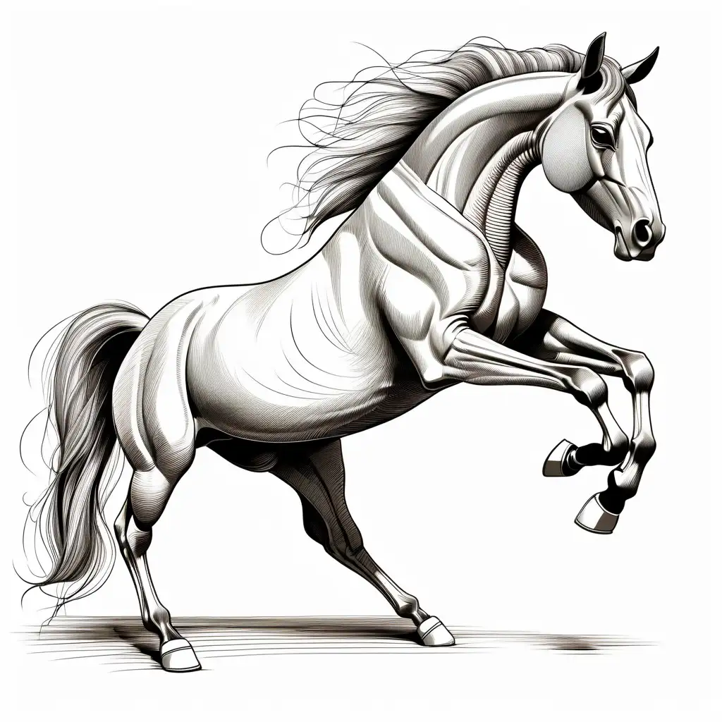 Line work drawing of horse kicking back legs, on white background