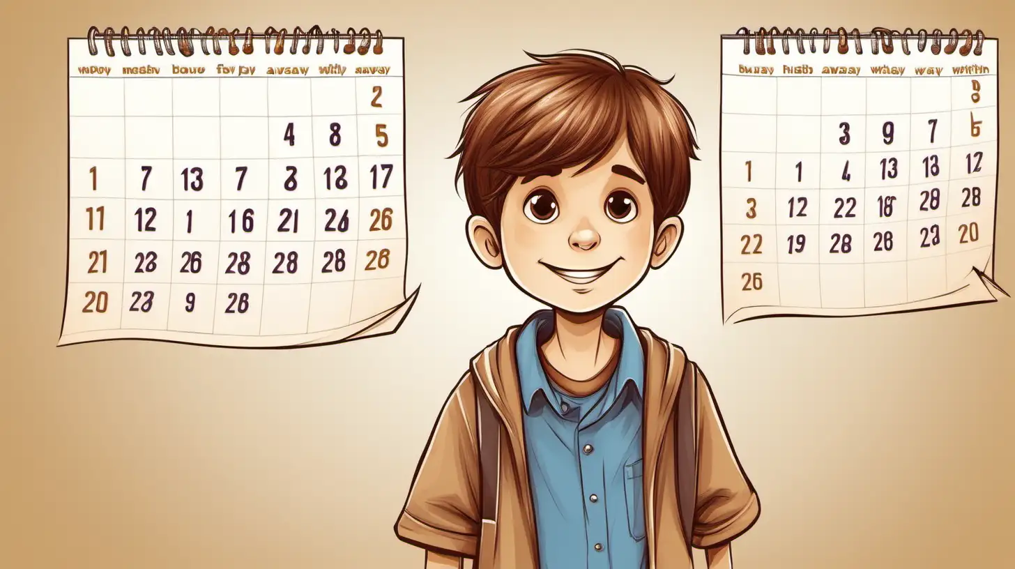 illustrate A calendar whose pages fly away with 10 years old brown hair boy