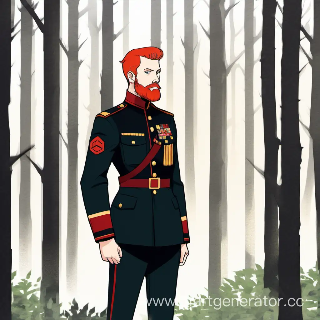 Белый молодой человек, высокого роста, среднего телосложения. Рыжие короткие волосы и рыжая борода. Черно-красная военная форма. Спокойное лицо. На фоне лес