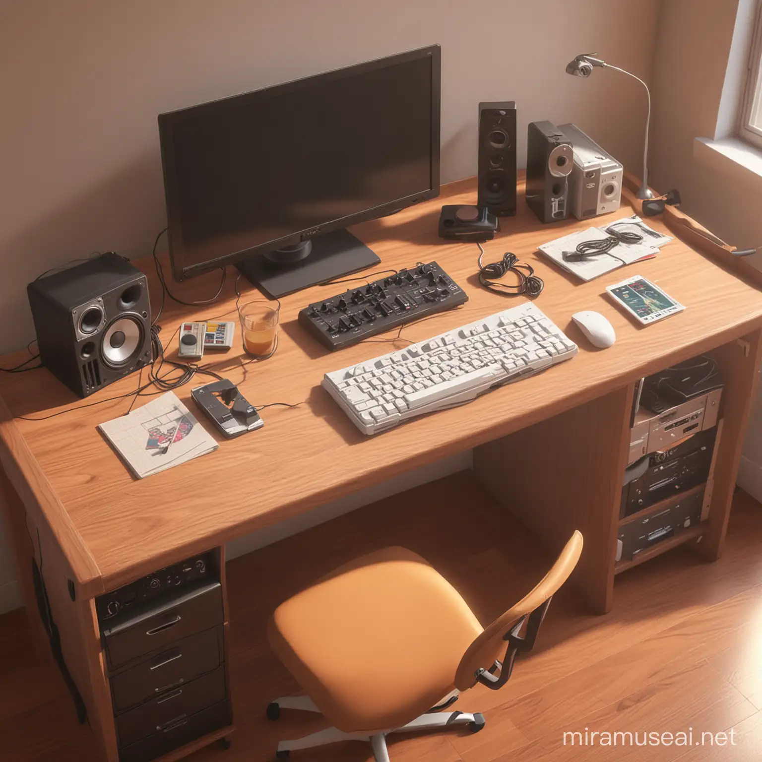 anime style, lofi style, picture of a desk with music equipment, straight perspective, forward perspective