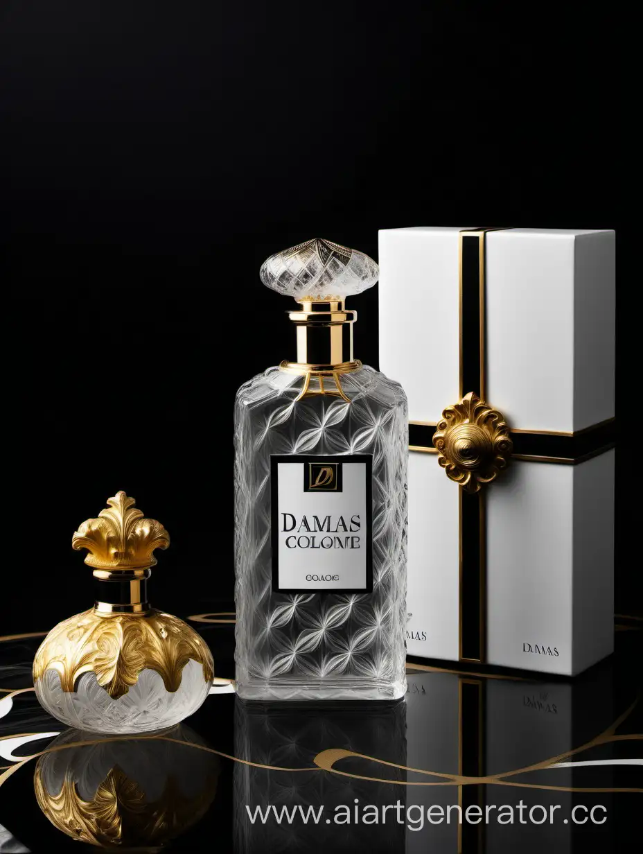 Luxurious-Composition-Damas-Cologne-and-Baroque-White-Box-with-Golden-Accents