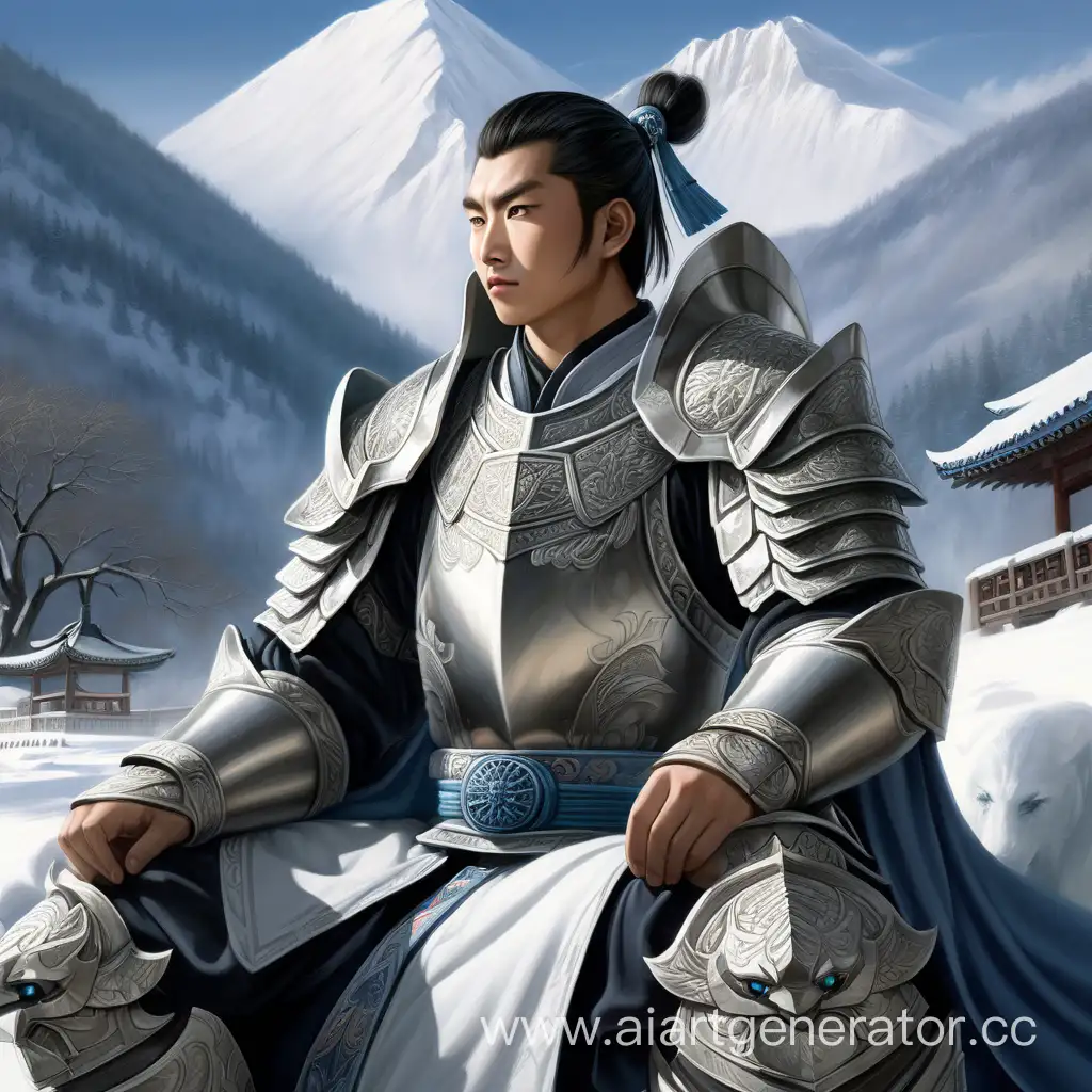 Poised-Youth-in-White-Armor-on-Throne-with-Mountain-Backdrop