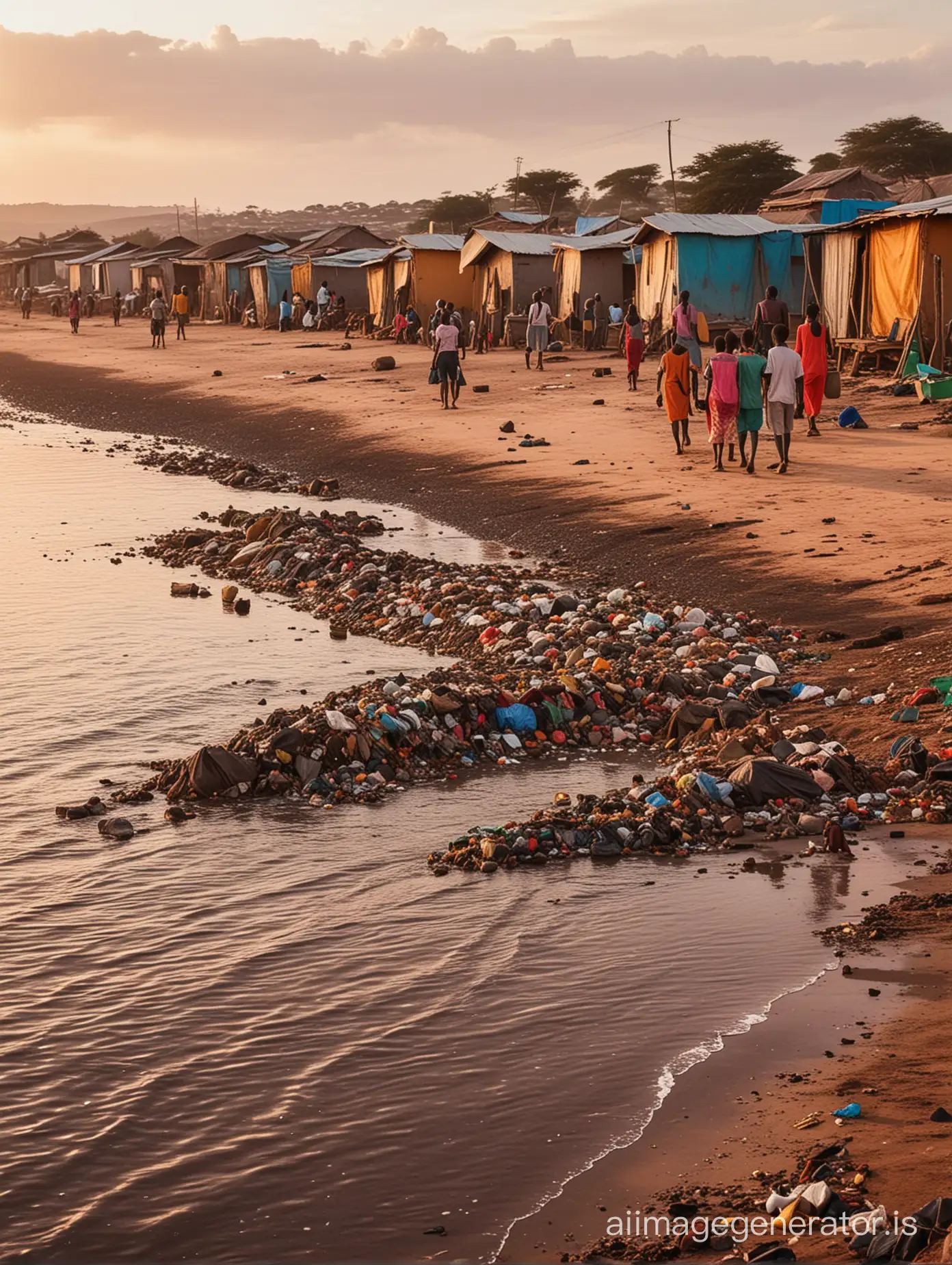 village of dark skin African people, wearing typical colorful clothes, some humble and simple typical houses, garbage everywhere warm light of sunset reflecting in the contaminated sea