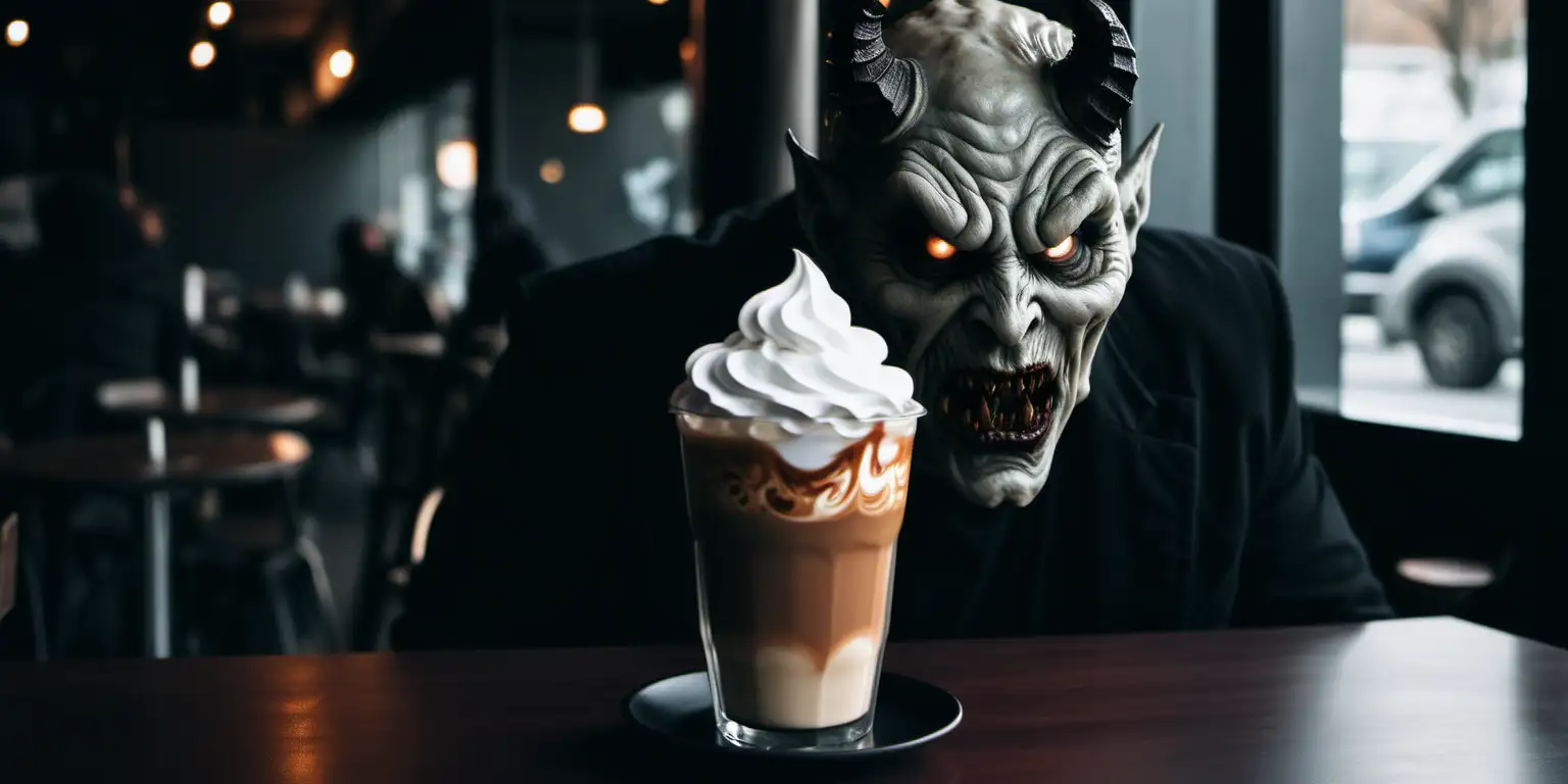 drinking a coffee latte with whipped cream on the top, inside the glass there is a demon looking outwards that is dark coffee coloured. A man at the table in the cafe has a ghostly look on his face. 