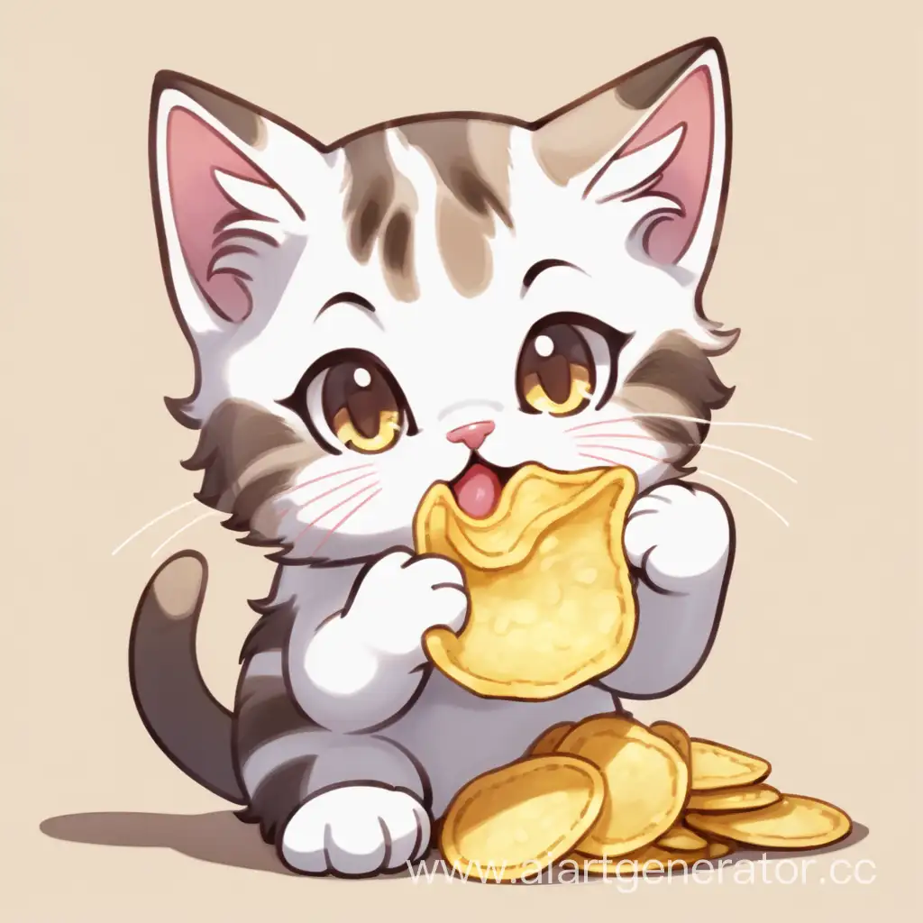 a cute kitten licking a potato chip anime style