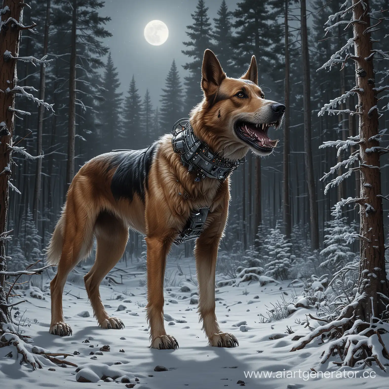 photorealism, mechanical dog, LEDs, sharp teeth, howls at the moon, forest, winter, coniferous forest