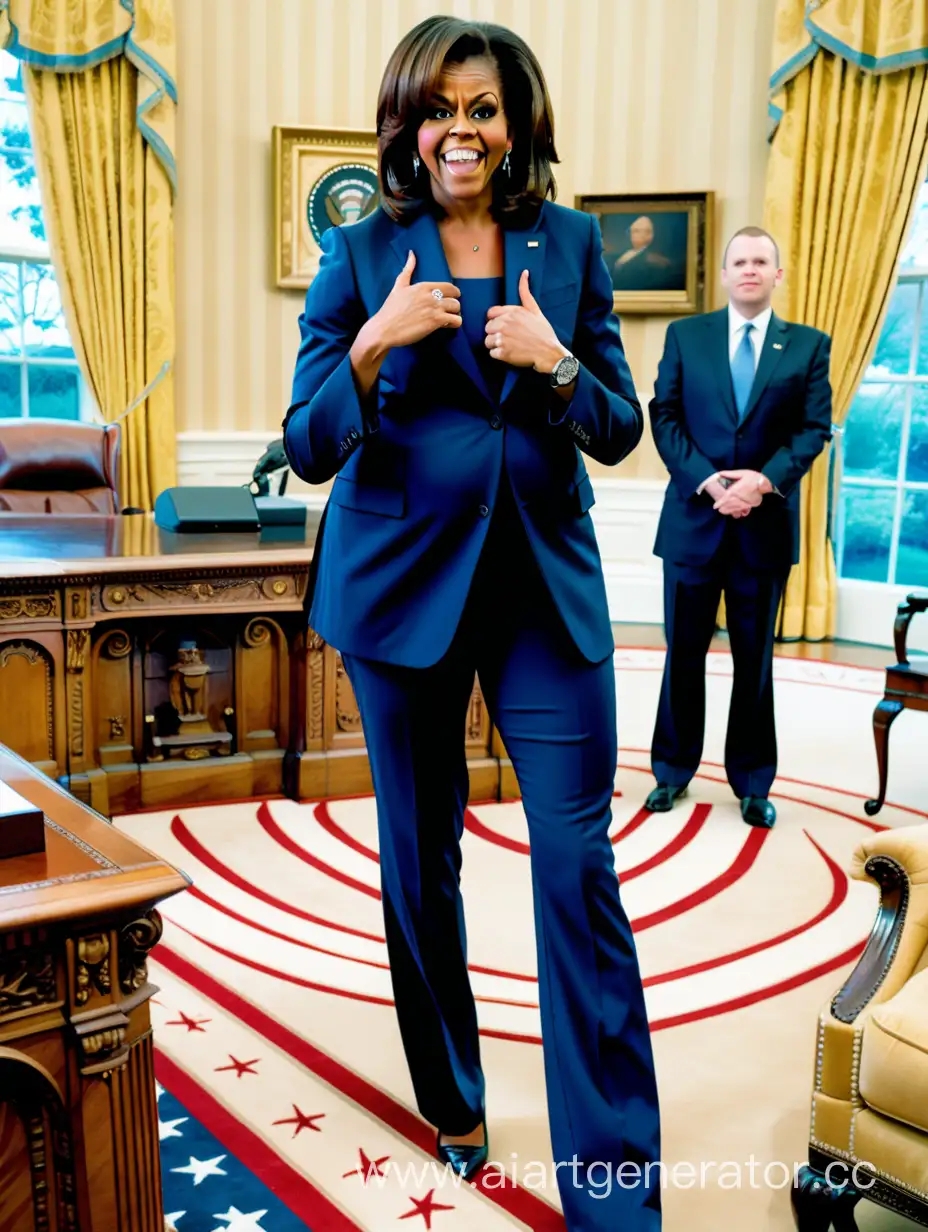 high digital definition photo, oval office back ground,  michelle obama, wearing pantsuit  pregnant  large bulge in crotch of pants landscape