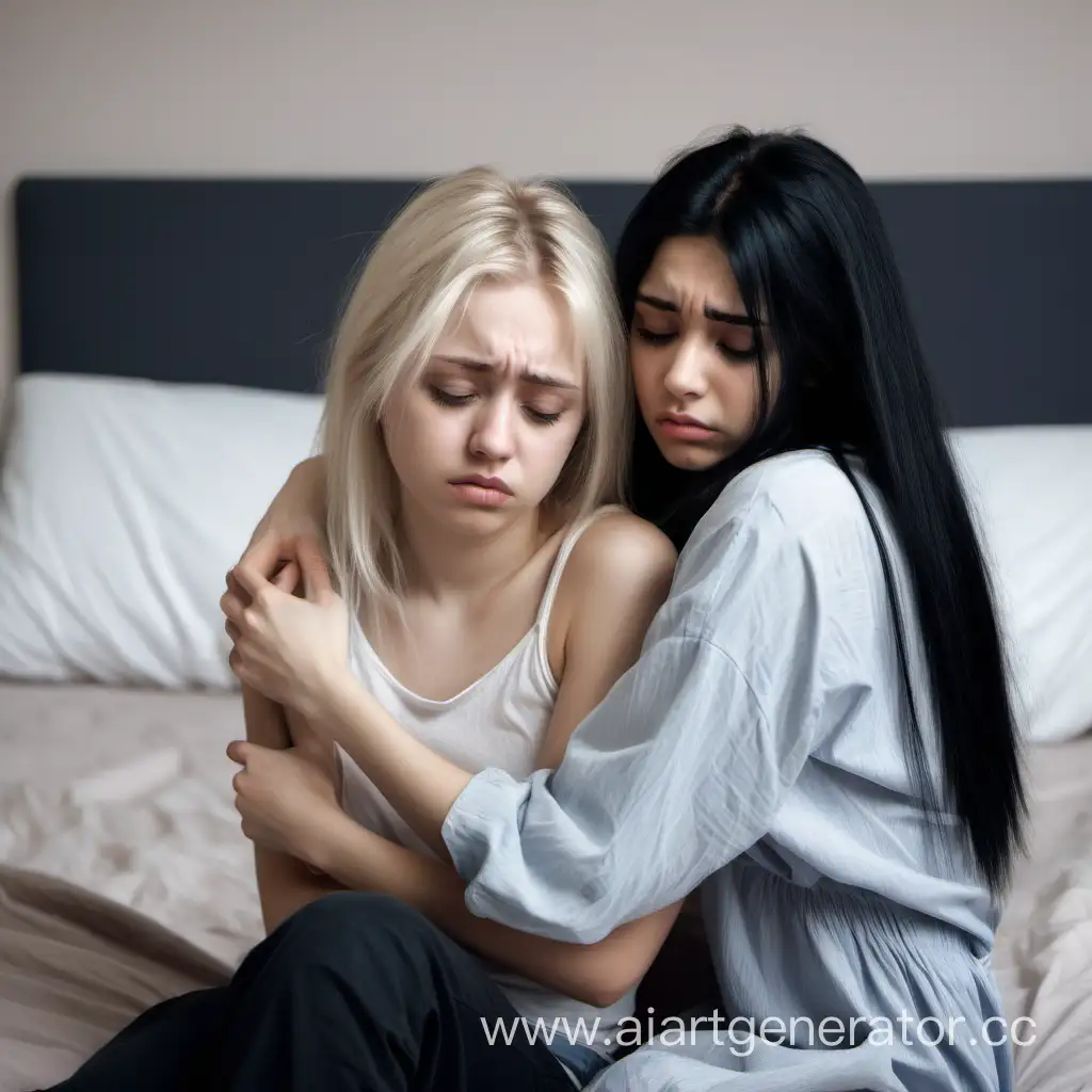 a young beautiful attractive girl with blond hair sits sad on the bed, her friend hugs her young beautiful black hair, ordinary clothes