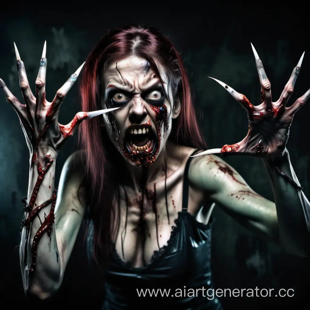 Aggressive Zombie woman with long nails random pose
