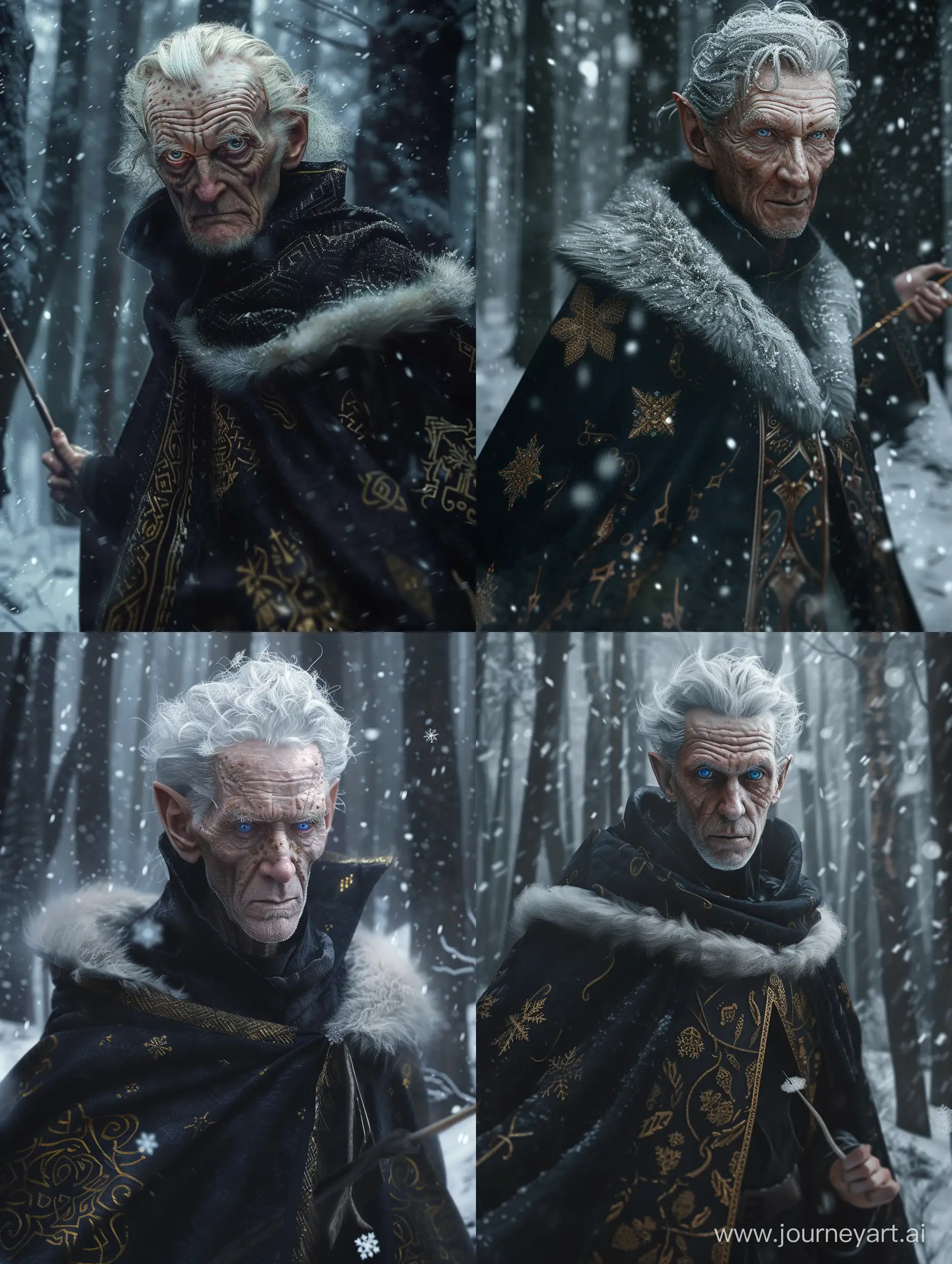 Mystical-Elder-with-Snowy-Wand-in-Dark-Forest-Blizzard