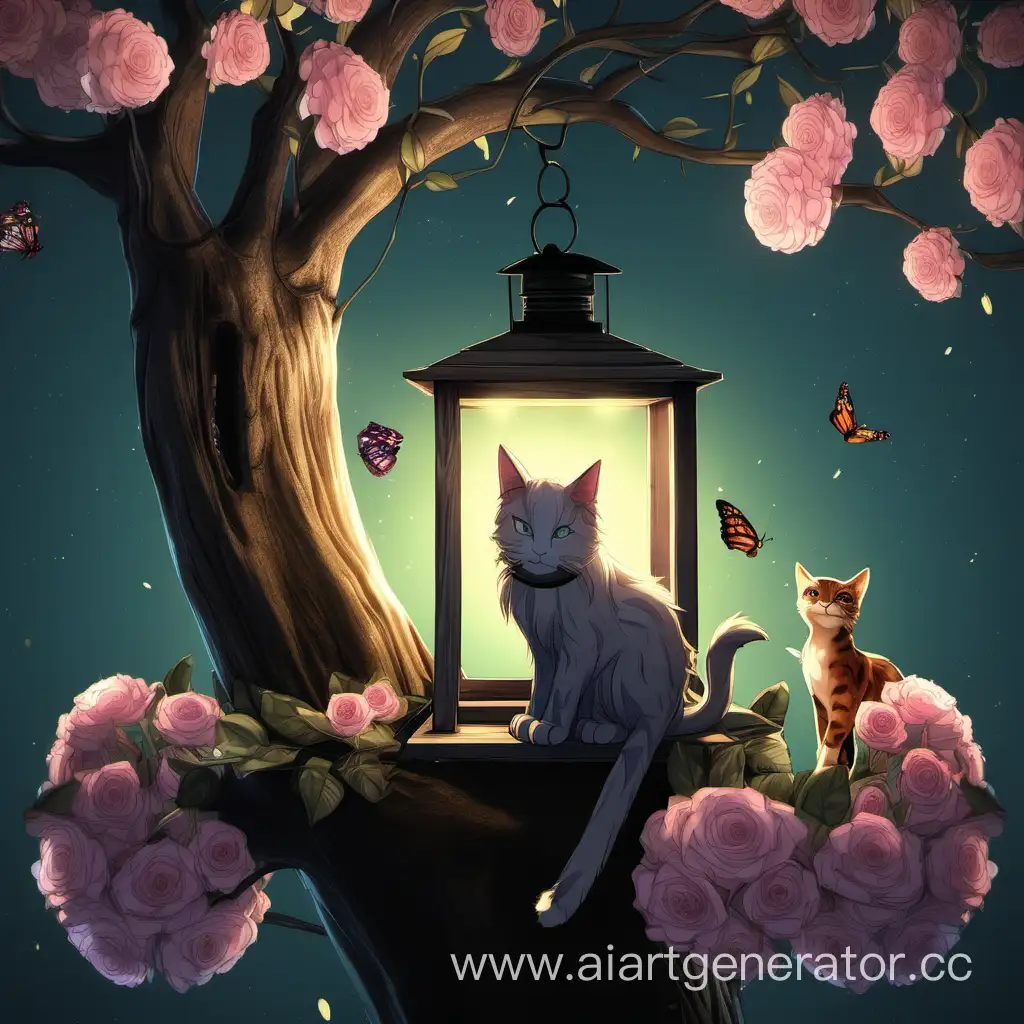 Enchanting-Night-Scene-with-a-Tree-Cat-Socket-Lantern-and-Blooming-Flowers