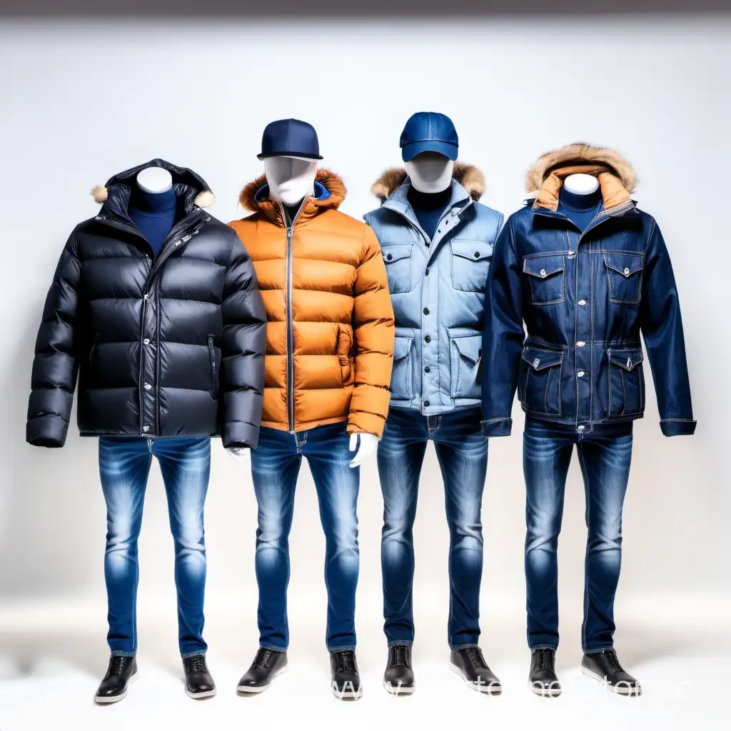 Men's outerwear, casual jeans, puffer jackets, caps in casual style in a men's clothing store on a white background