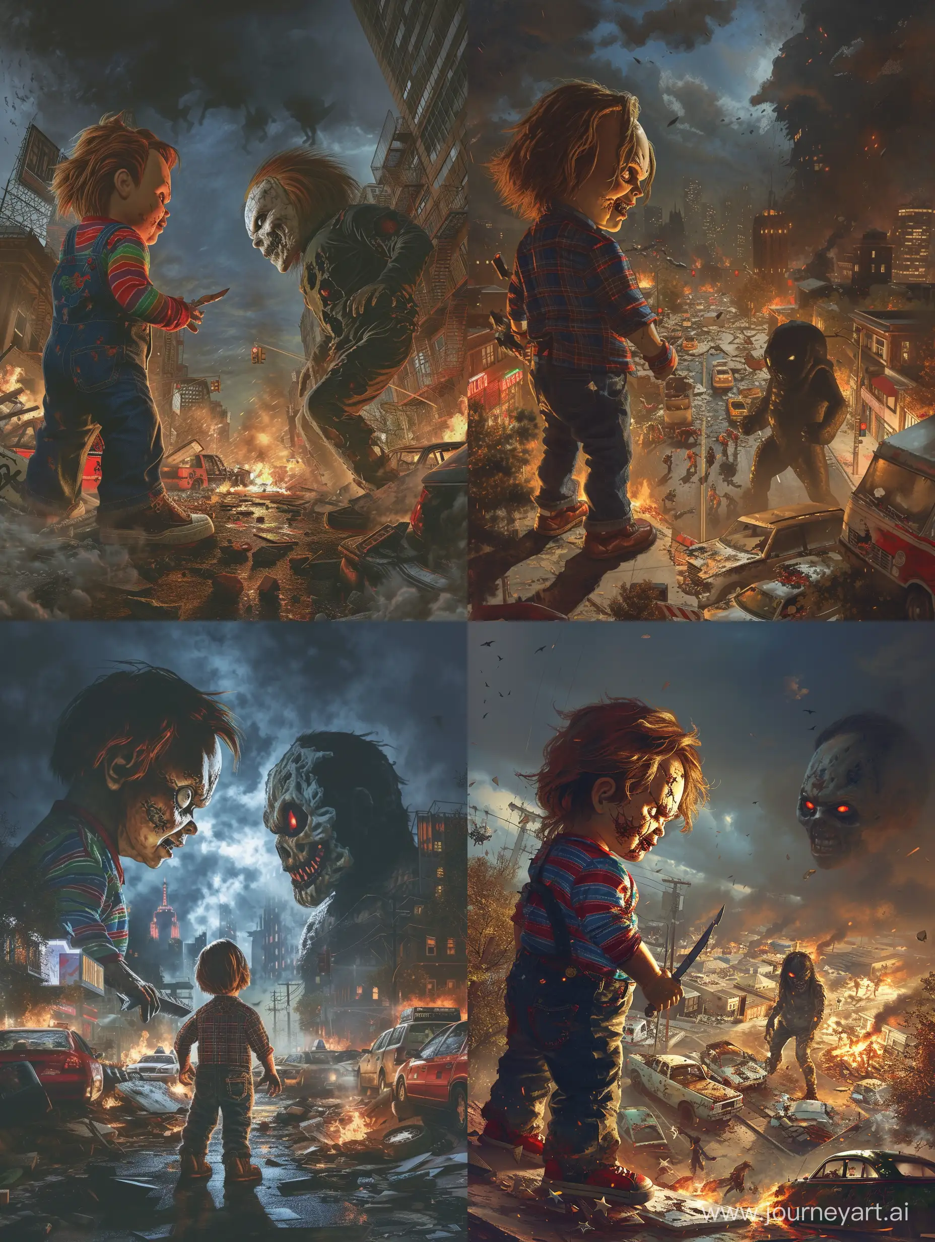 Chucky vs. Ghostface, all in very large scales, Chucky and Ghostface stand facing each other, depicted on a monumental scale where their figures dominate the entire cityscape. Chucky, with a distorted face and a knife in hand, gazes upon Ghostface, who looks back at him with a horrified expression. Around them, destroyed buildings, burning cars, and ominous clouds of smoke are visible, reflecting the atmosphere of chaos and struggle for survival. The art style lends a surrealistic appearance to the scene, with subdued colors and dark tones to emphasize the tension and battle atmosphere. The camera angle is chosen to capture the full scale of the confrontation between Chucky and Ghostface, highlighting their powerful figures and strength. Visualized with high resolution and natural lighting to accentuate the realism of the scene.