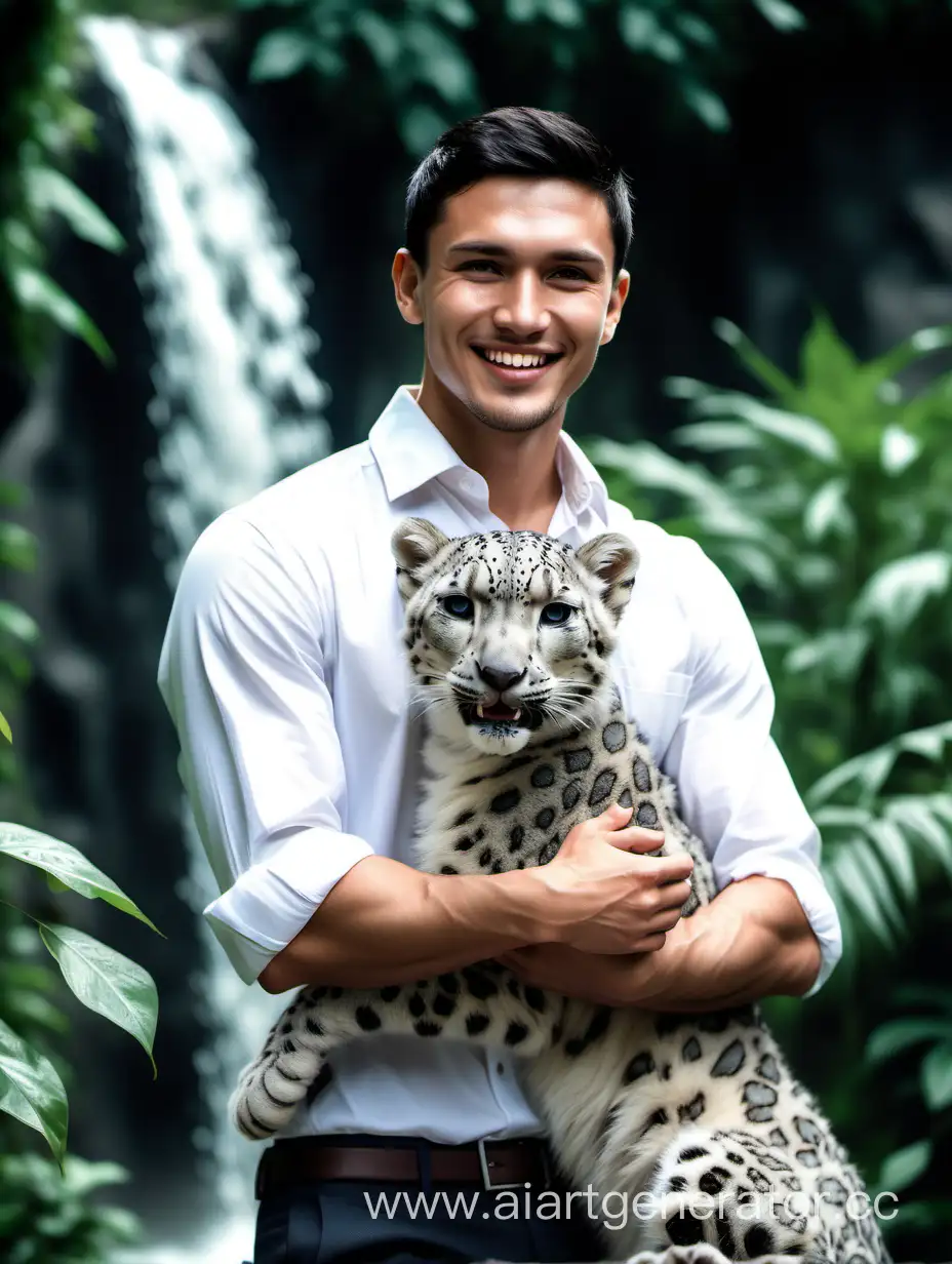 Mayan-Man-Embracing-Snow-Leopard-in-Lush-Greenery