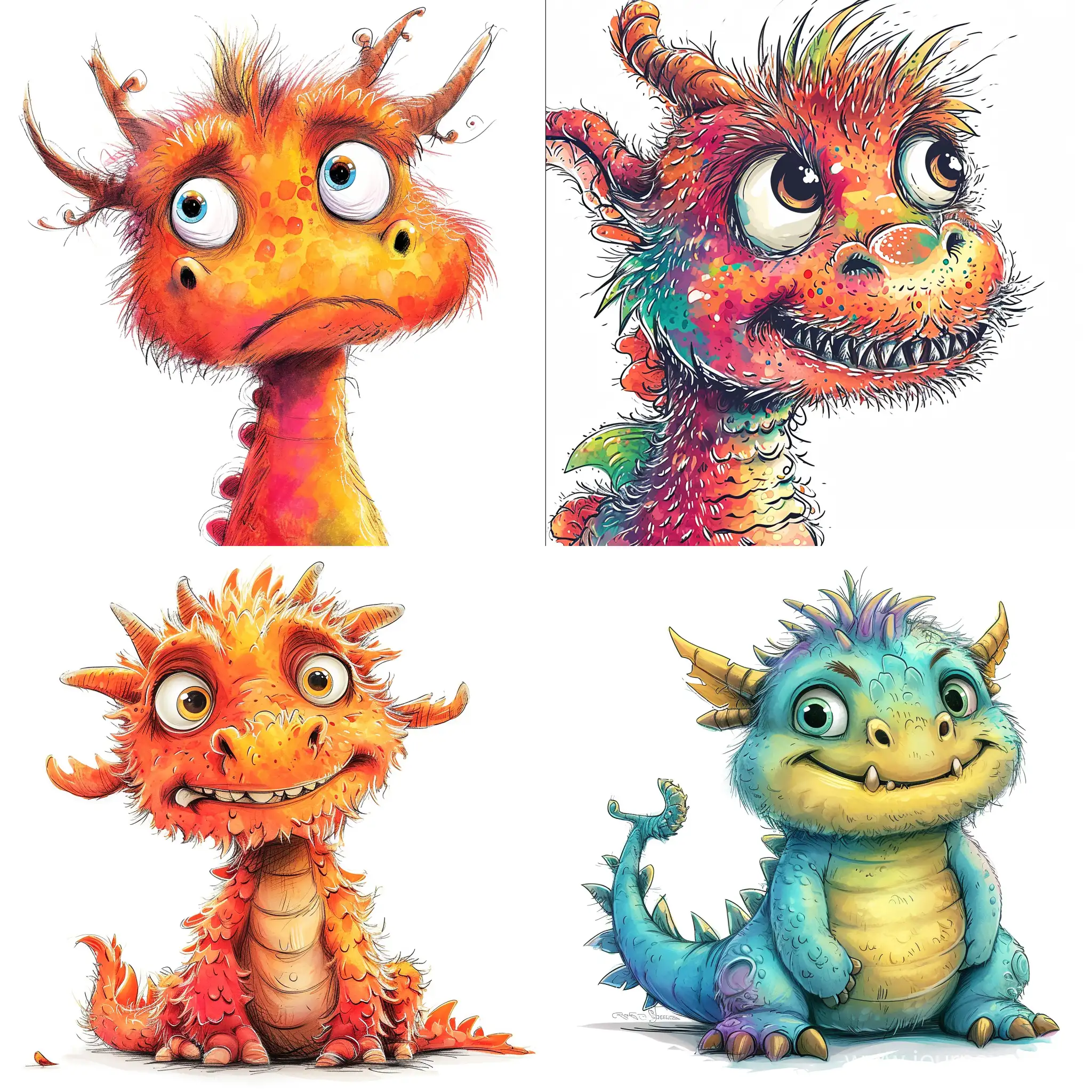 Cute furry dragon character, many expressions, chubby, funky, swag, close-up, detailed ink illustration, colorful, pixar, isolated on white background, in the style of Frank and Dr. Seuss - Stylized 750