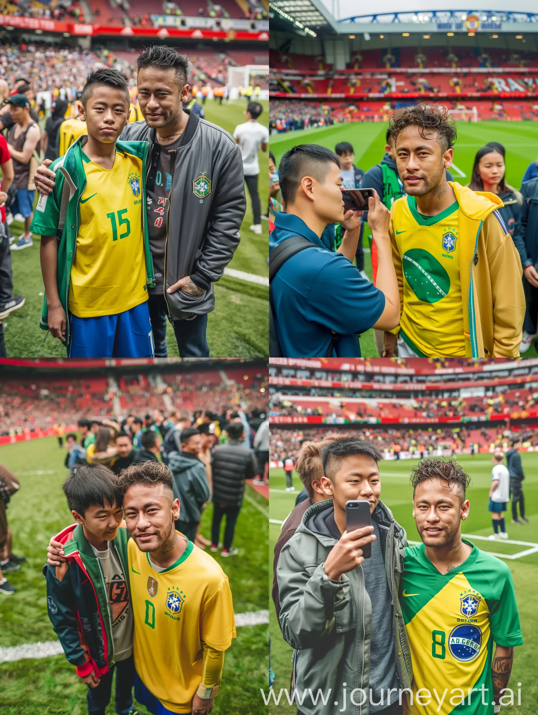 Potrait badan menghadap depan kekamera Seorang remaja lelaki tampan korea berumur 15 tahun indonesia mengenakan jaket trucker Lelaki itu sedang berfoto bersama seorang Neymar jr yang mengenakan jersey brazil.mereka berfoto di atas rumput lapangan stadium old Trafford banyak orang. Kualitas 8K HD. foto asli.