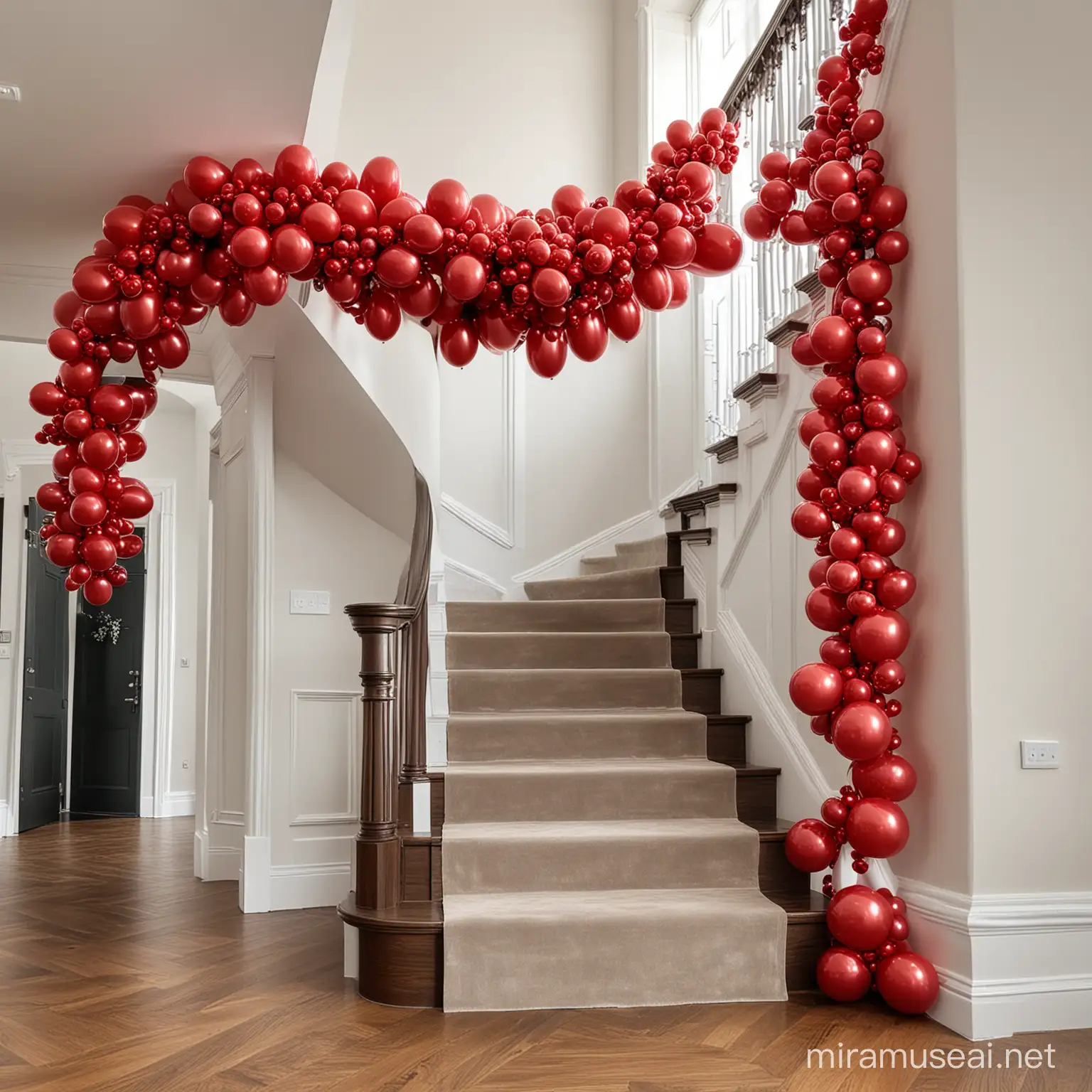 Luxurious Red Balloon Garland with Rose Accents Adorning Staircase