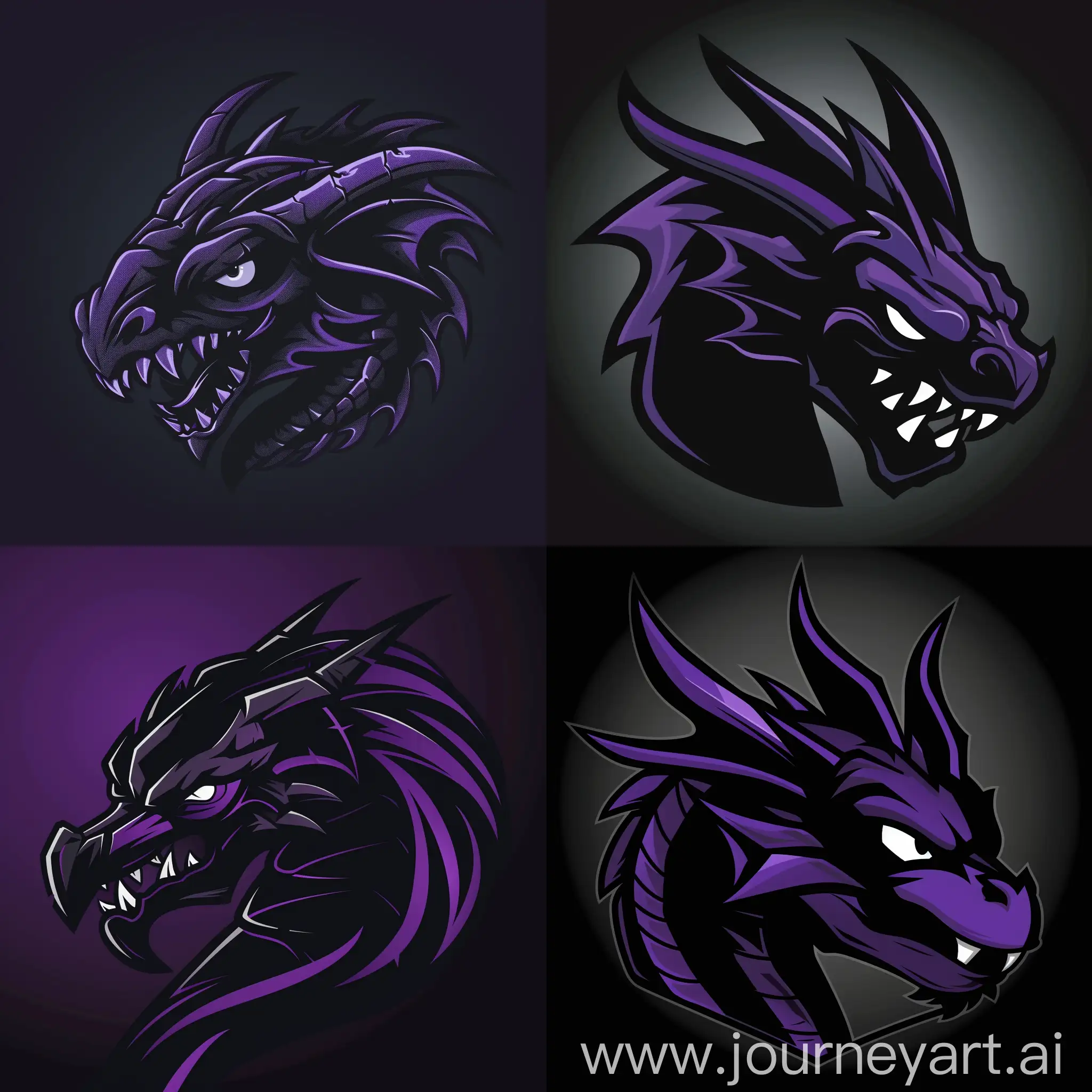 Киберспортивный логотип, 2D, черно-фиолетовая голова дракона в стиле минимализма, голова дракона с эпичным видом и с острыми ушами, зловещими глазами и грозным выражением лица, логотип в максимальной детализацией и стильным эффектом