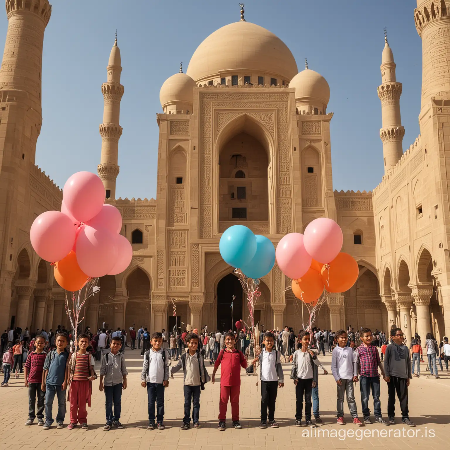 Egyptian-Children-Holding-Colorful-Balloons-in-Front-of-a-Majestic-Mosque