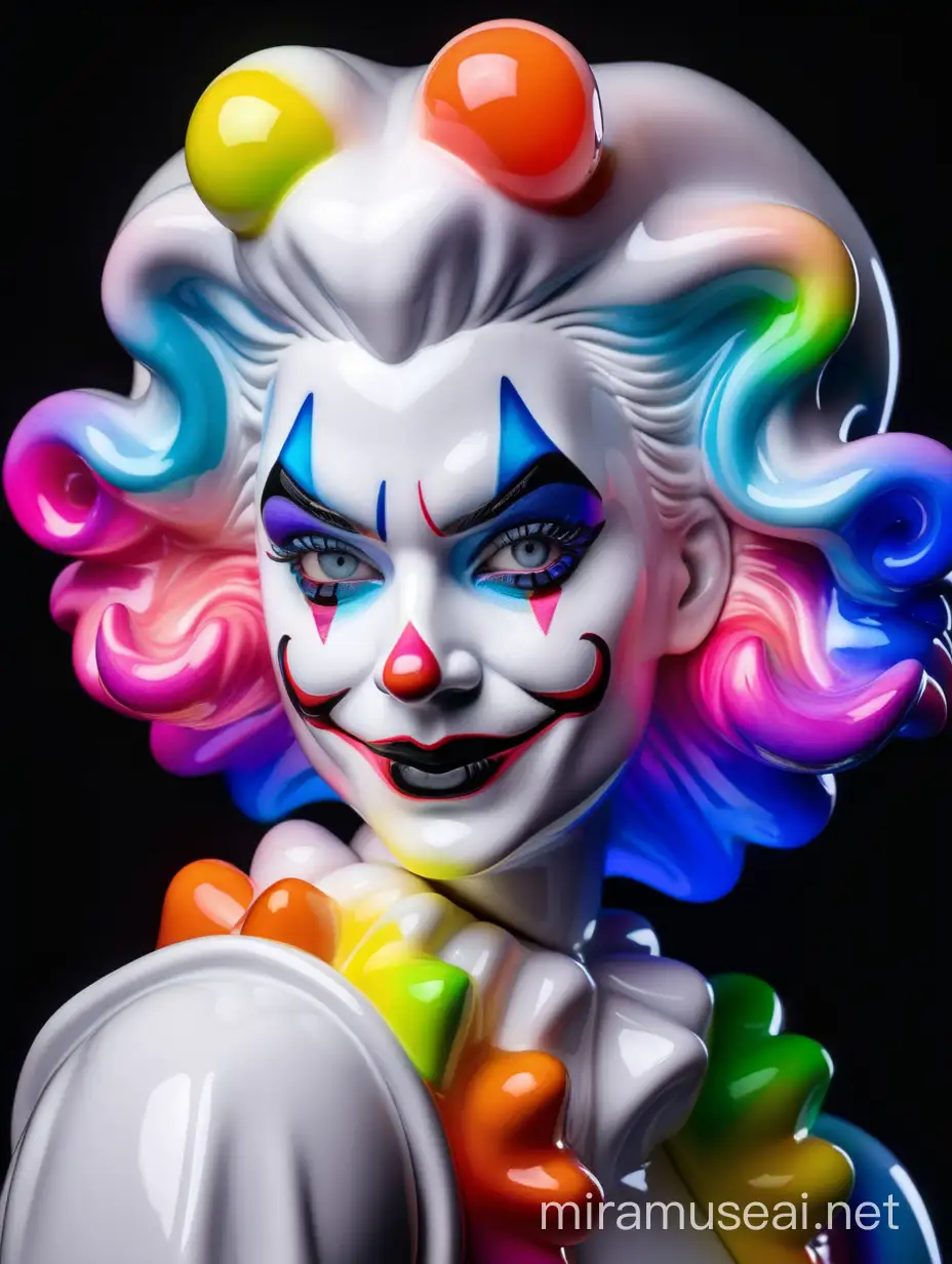 Produce a white shiny iridescent neon colored porcelain figure of a beautiful curvy feminine woman
Strong expression dynamic
Esthetic female joker Clown make-up
portrait
Black background