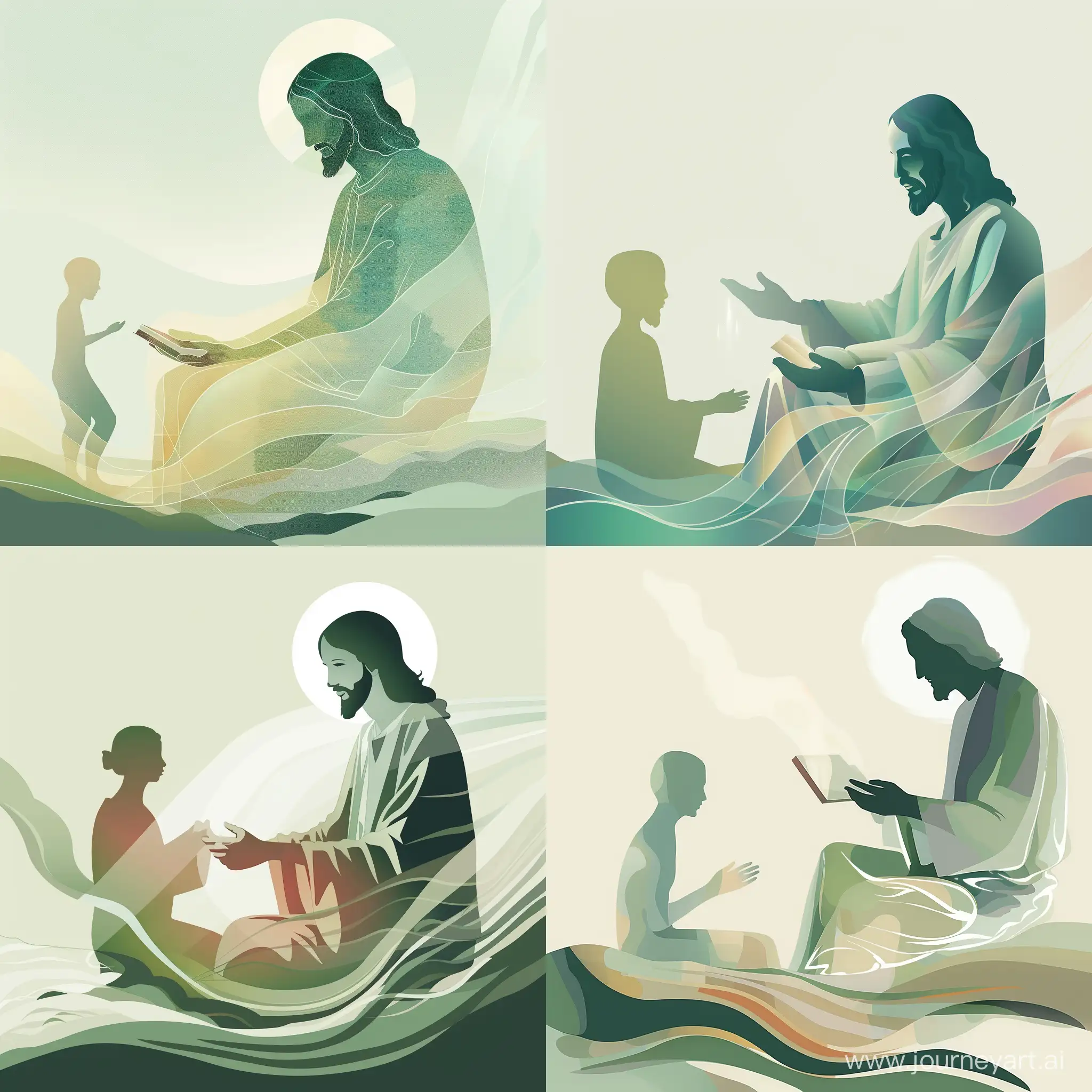 The digital artwork should be horizontally oriented to fit ideally on a web page. The overall color palette should consist of soft hues of greens, creams, and whites, providing a serene and peaceful backdrop.

Jesus Christ, as the central figure, is placed slightly to the right of the center. He is depicted as a stylized silhouette filled with calming colors. The figure is seated, wearing a simple robe, with one hand resting on an open book in his lap. The book should be clearly identifiable but subtly incorporated. 

His face is gently illuminated, with a soft, warm light creating a subtle halo around his head, giving a sense of divinity. The face should be peaceful and inviting, with a kind gaze directed towards the left side of the image.

On the left, closer to the edge of the image, is a smaller, abstract figure representing a person. This figure is simple and non-detailed, it could be depicted in mid-motion, reaching out towards the figure of Jesus, indicating a sense of seeking or reaching out for help.

The two figures are separated by a subtle gradient of light, originating from the figure of Jesus, hinting at a transfer of wisdom or healing energy from Jesus to the person. 

The bottom of the image could contain a faint silhouette of a peaceful landscape - perhaps rolling hills or a calm sea, to maintain a serene and calming atmosphere. 

In essence, the image is a modern, stylized representation of Jesus Christ as a therapist, interacting with a person seeking help, set against a serene, calming background.