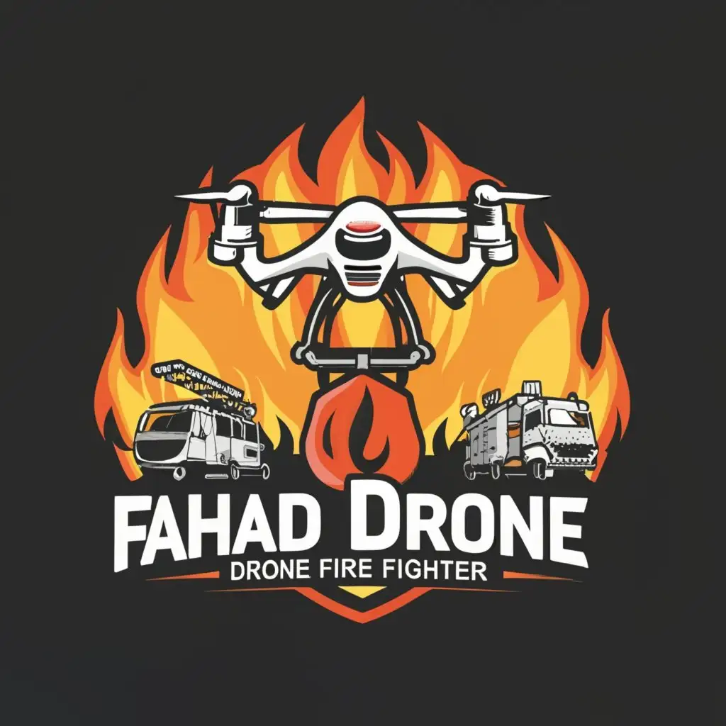a logo design,with the text "Fahad Drone Fire Fighter", main symbol:a logo design,with the text "Fahad, Drone Pilot, Fire Fighter", main symbol:Drone, Pulaski, helicopter, fire fighter, moderate ,clear background,Moderate,clear background,