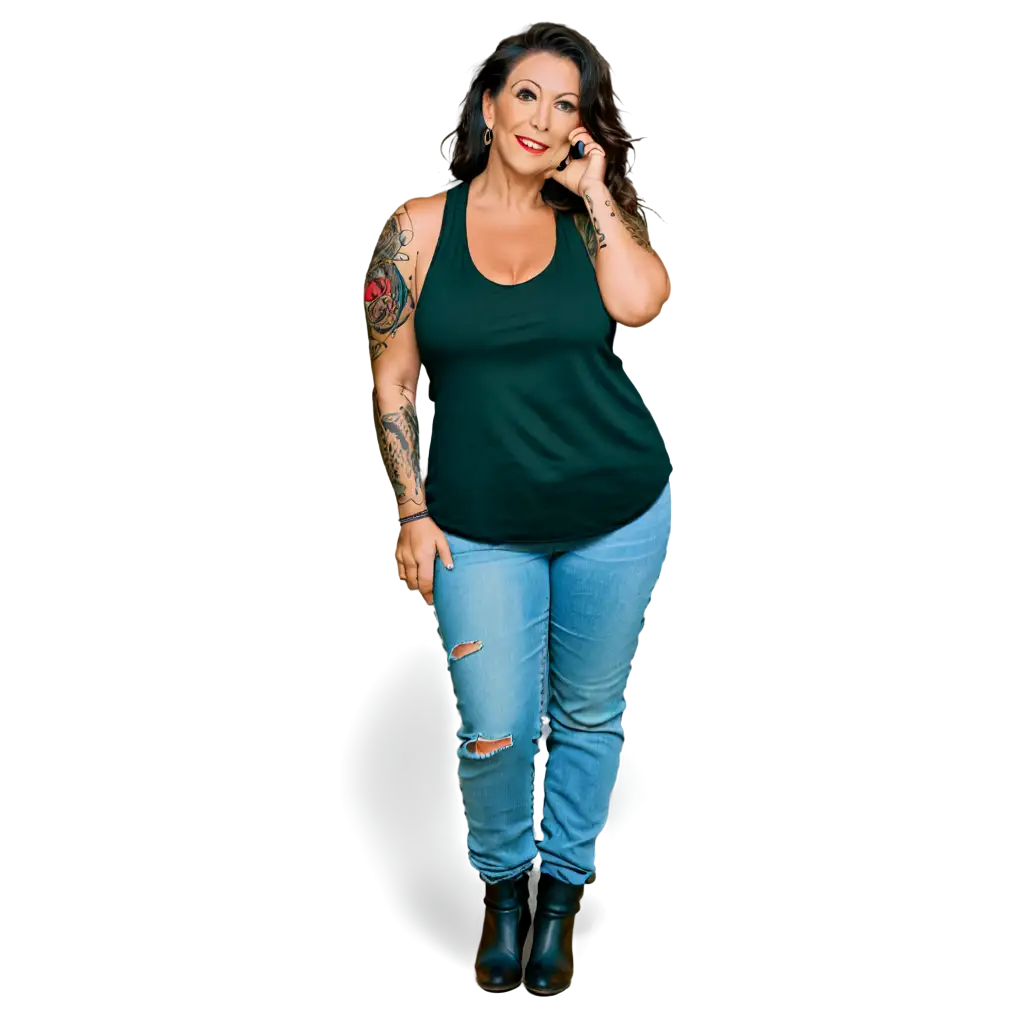 A beautiful brunette mature woman, lots of tattoos,
 olive skin, retro eye makeup, curvy, white tee shirt vest, torn denim jeans, thick soled boots, heavy jewellery. 
