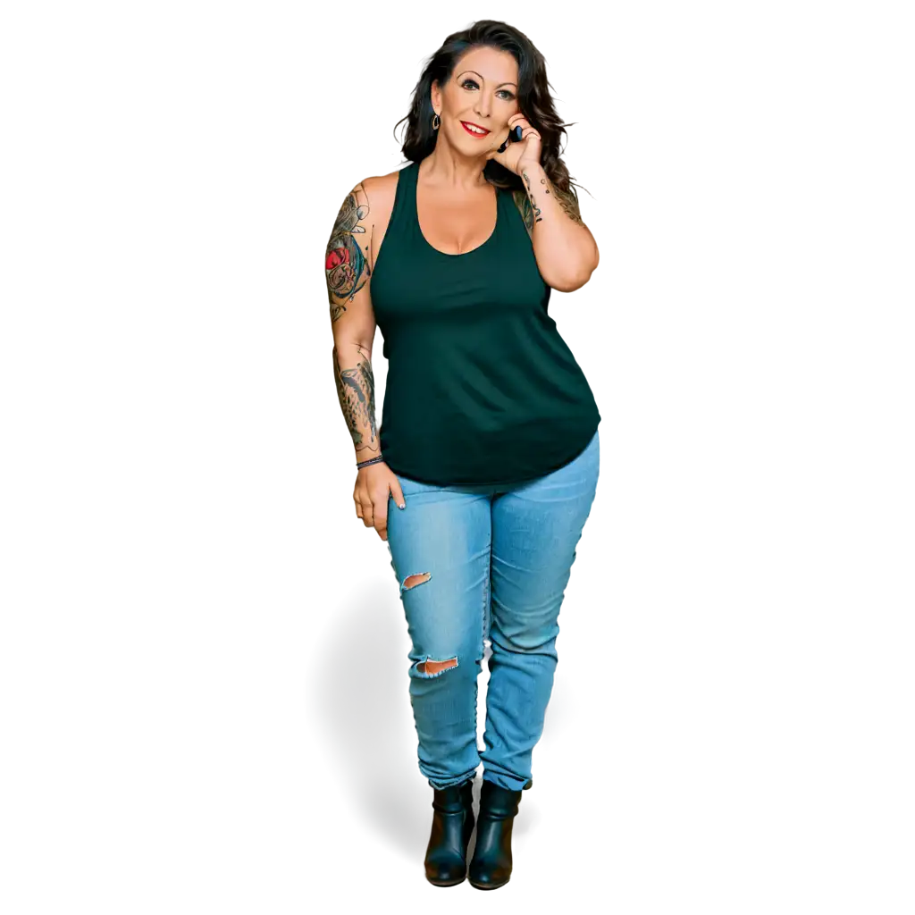 Stunning PNG Image Retro Styled Tattooed Brunette Woman in White Tee and  Denim Jeans | PNG Prompt