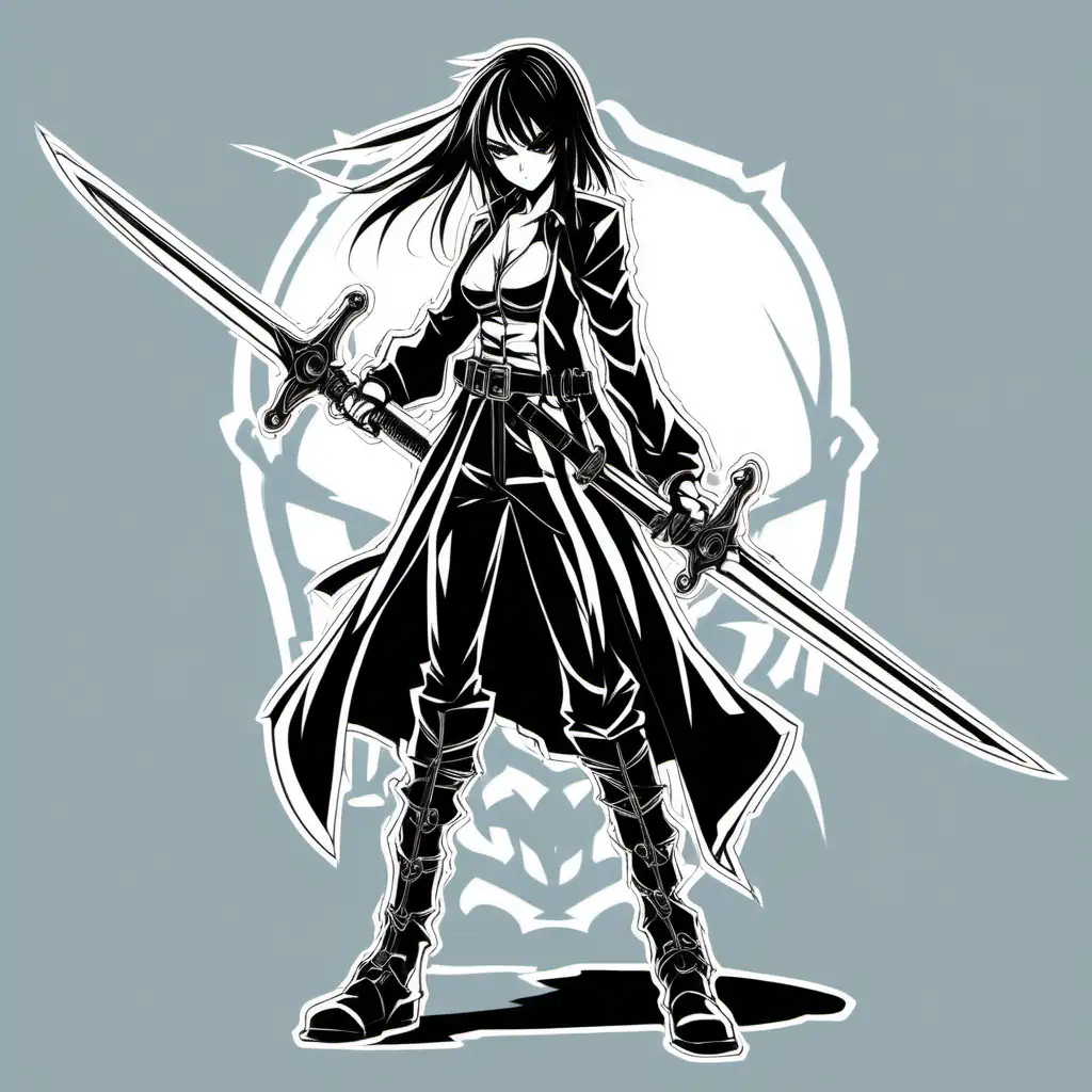 teenage anime girl who is holding two crossed swords and standing in a fight pose stance; she is a gothic evil character; white outline; plain background