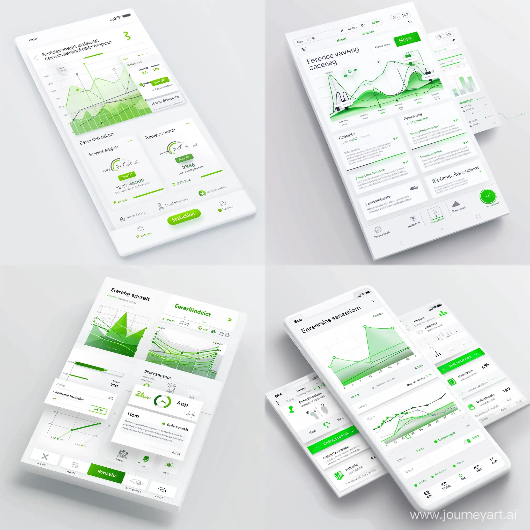 Imagine a minimalist home screen for a smart energy management app. The background should be white or light gray, with a clean, card-based layout. Include a dynamic energy consumption graph as the centerpiece, showcasing daily energy usage with green accents. Around the graph, place cards displaying key metrics like "Energy Savings" and "System Status," each with readable sans-serif text and simple icons representing energy sources and devices. Ensure the bottom navigation bar includes intuitive icons for Home, Energy Insights, Settings, and Notifications, highlighted in green for active status.UI Design style