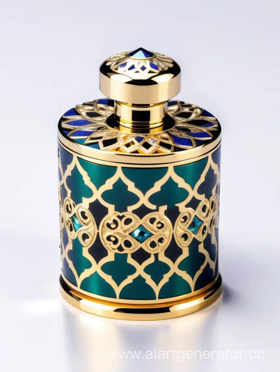 Luxury Plastic Perfume decorative ornamental long double height cap, gold color with black and dark green blue border line arabesque pattern round shaped metallizing finish with diamond on top