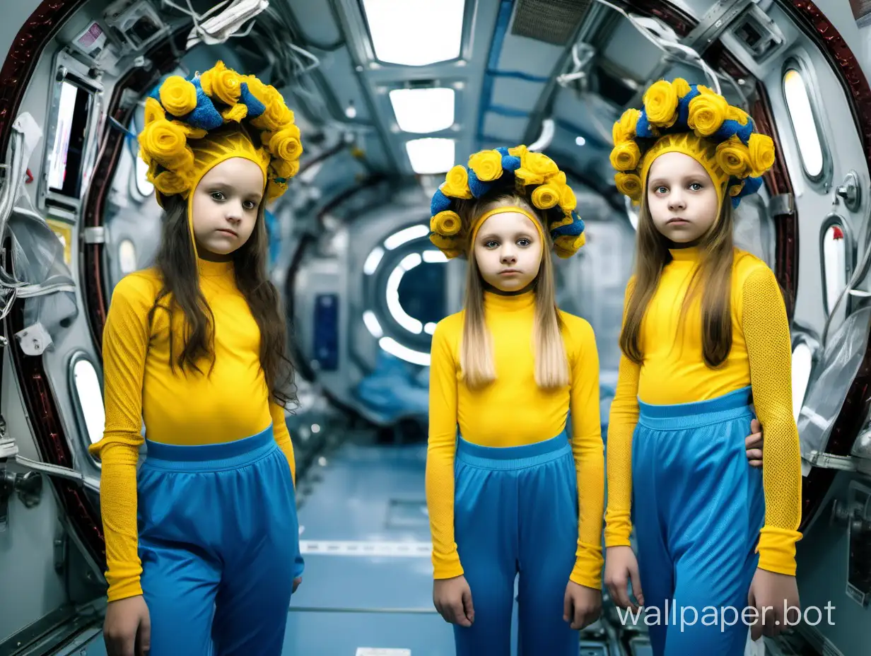 TwelveYearOld-Girls-in-Vibrant-Bodystockings-with-Floral-Wreaths-on-Space-Station