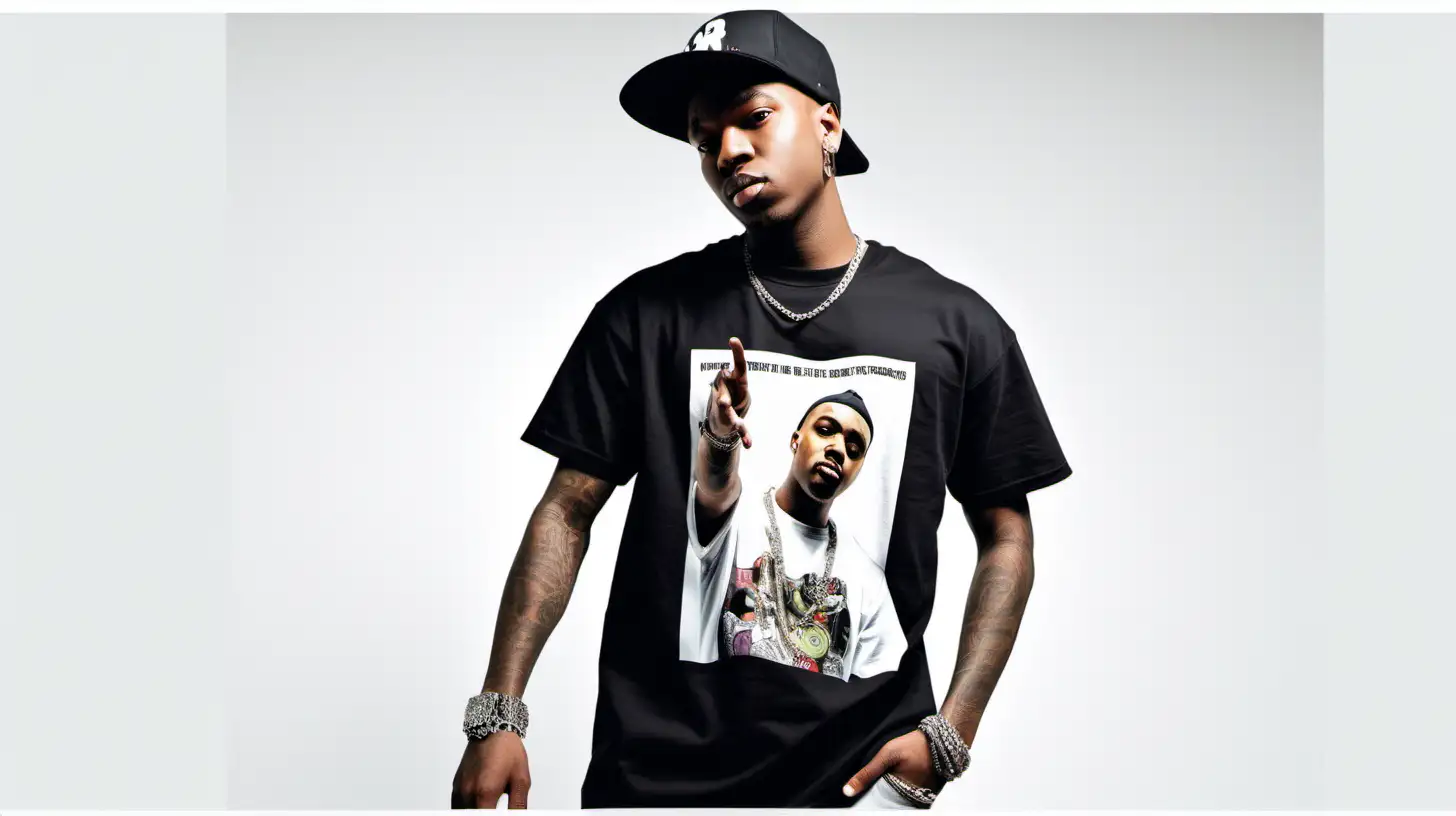main image for a website with person on the left hand side of the screen wearing custom t-shirts with hip hop images in front of a white background