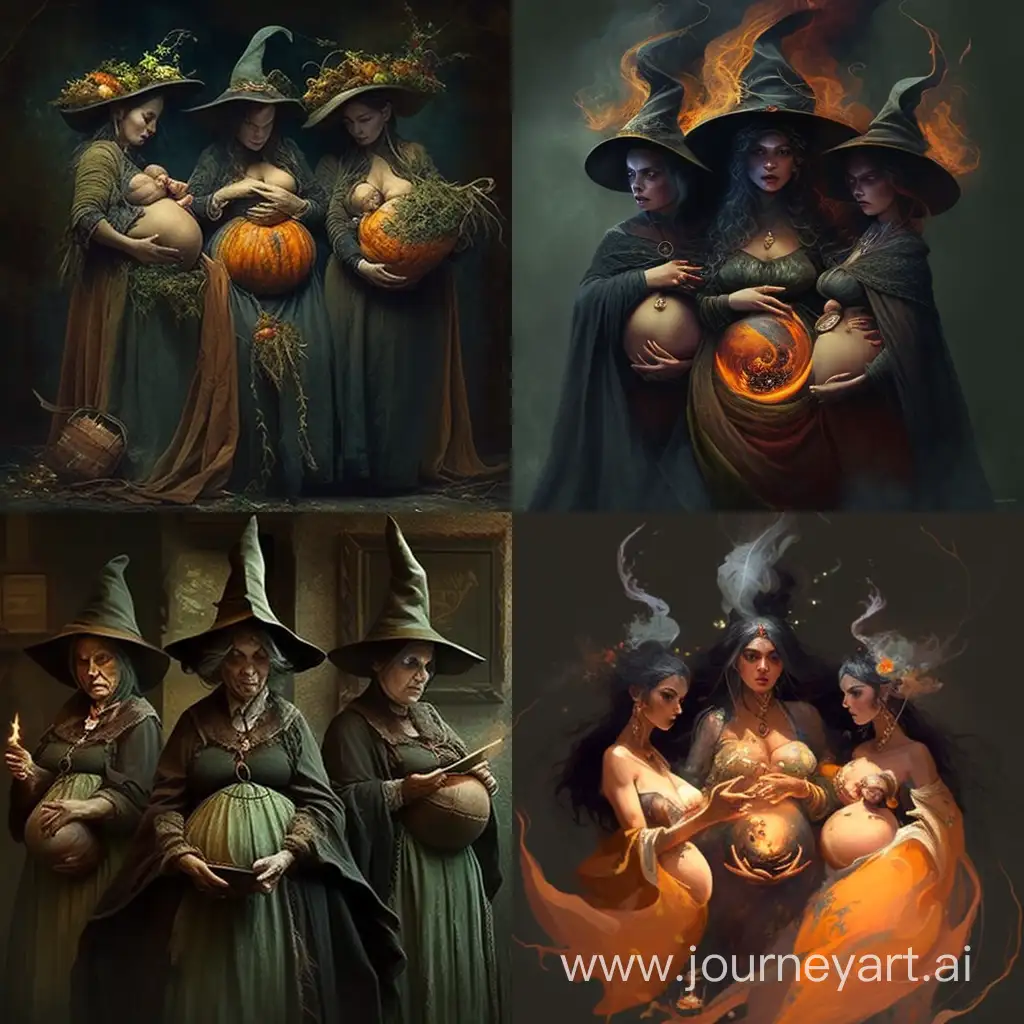Three witches, lightly dressed, one of the witches uses a spell on the other and her belly grows as if she is pregnant with five children and she is about to give birth.