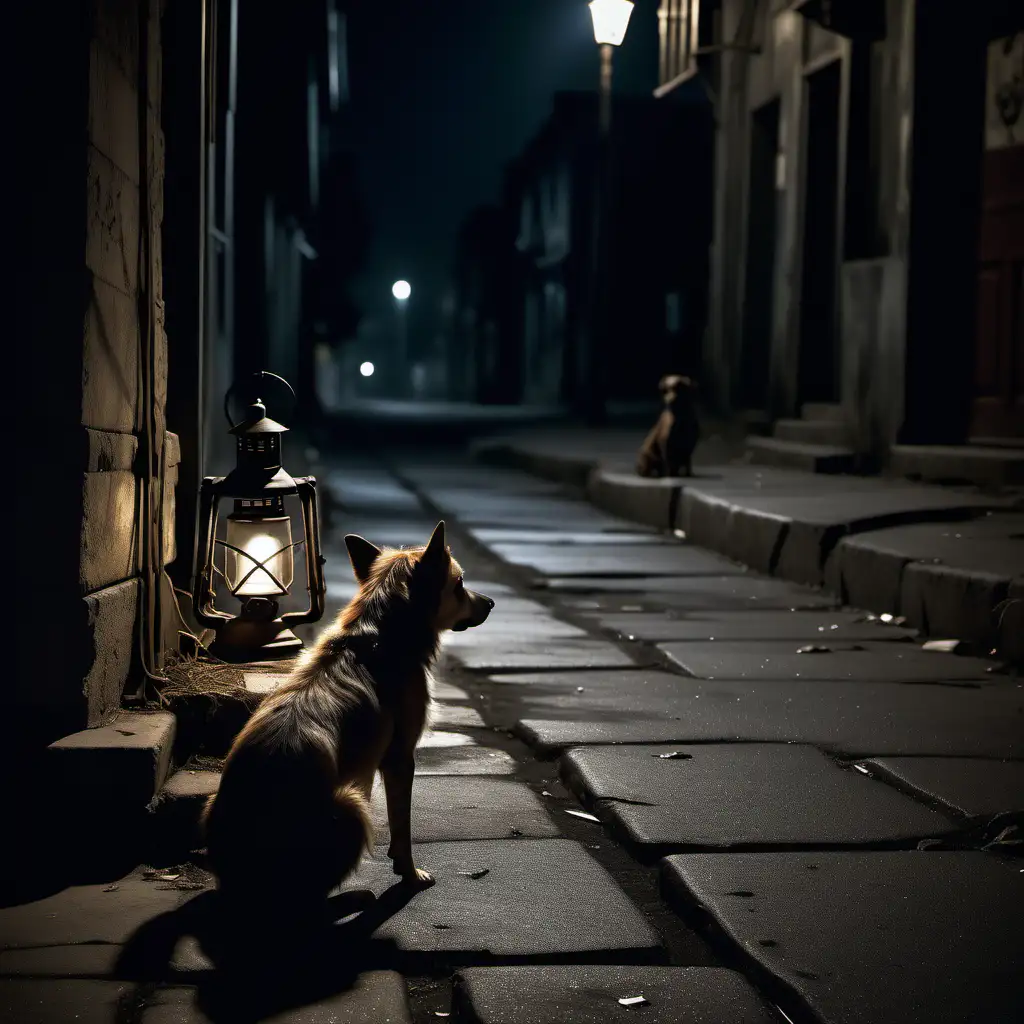 Lonely Dog on Worn Sidewalk at Night under Dim Lantern Light