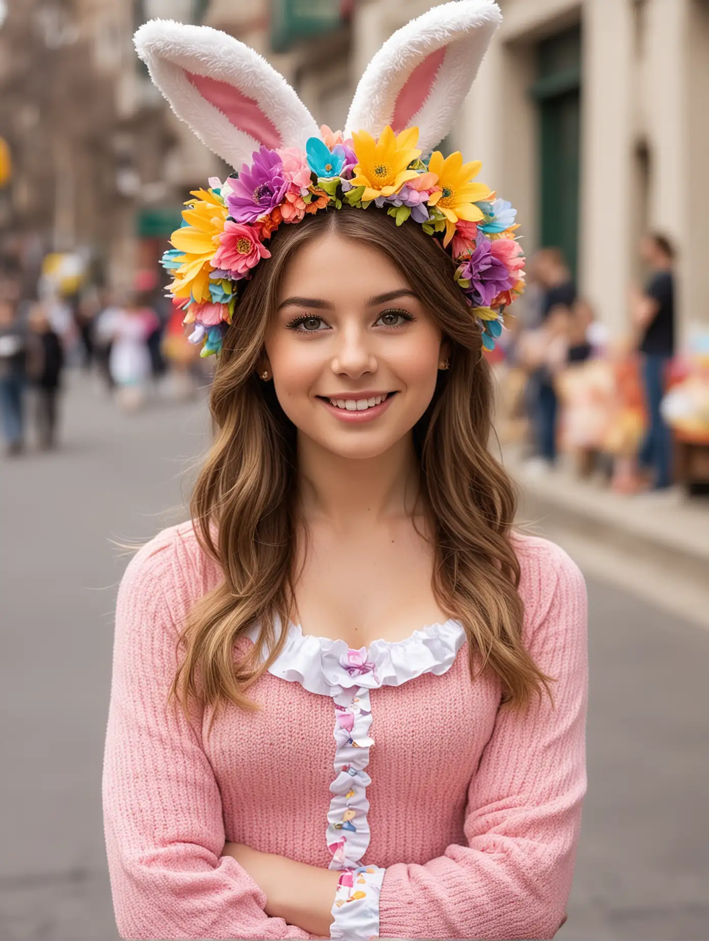 26-year-old American girl celebrates Easter, performance costume, bunny elements, creative flower hat, colorful, Easter eggs, festive atmosphere, full of festive atmosphere, captured at the Easter parade, facing the camera, exquisite facial features, professional photography technology ,Full body image