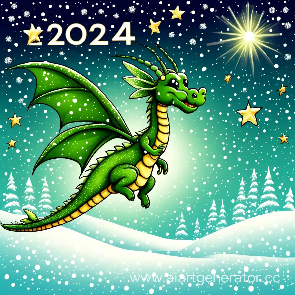 Joyful-Green-Dragon-Soaring-Amidst-Snowfall-and-Starlit-Skies-in-Celebration-of-2024