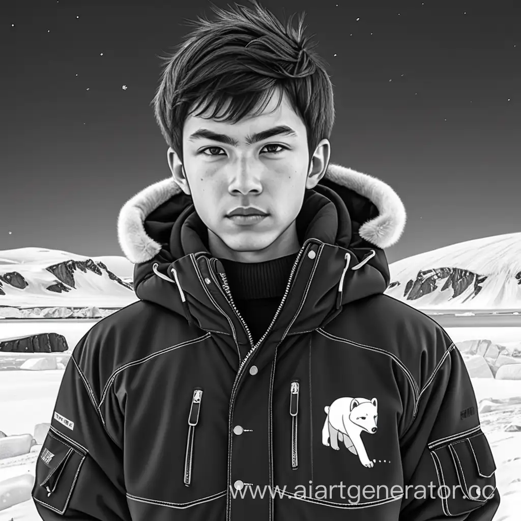 Dmitrij Rabotin in Greenland, Black and white anime style, inuit art, hq digital art, young msn in black waterproof windproof jacket