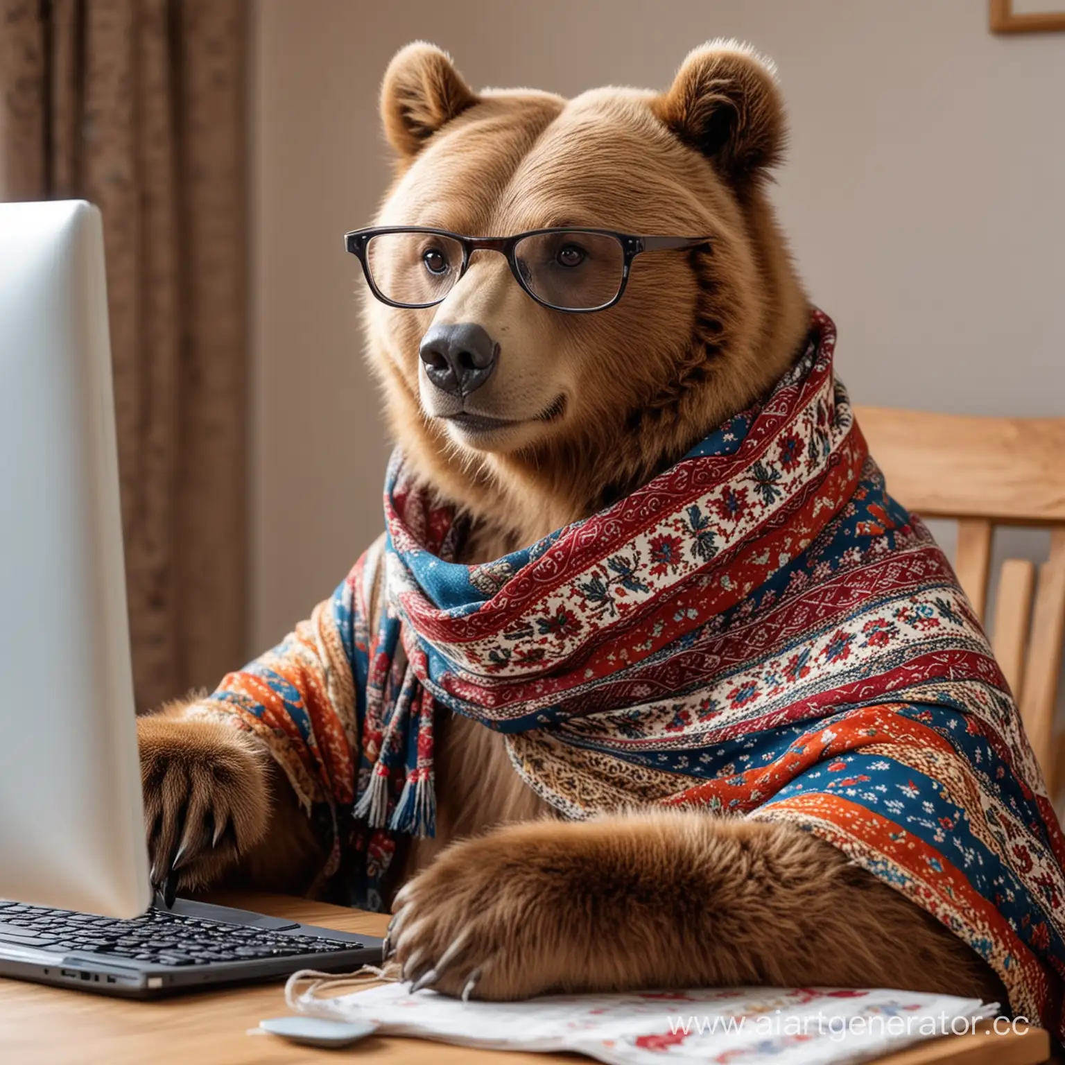 бурый медведь в русском платке с узорами в очках который сидит и работает за компьютером

