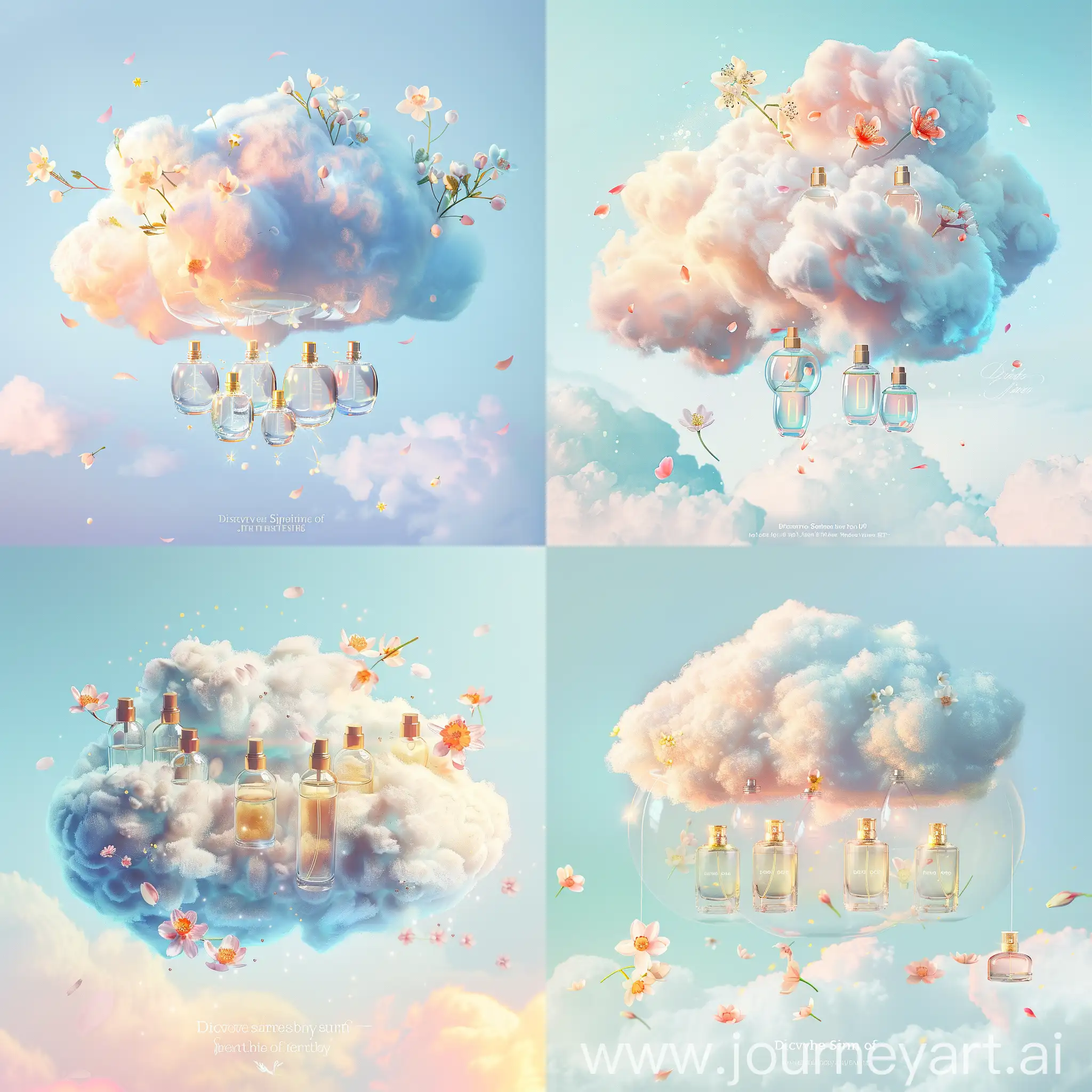 Create an image that illustrates an ethereal springtime sky. The backdrop should be a soft pastel blue with gentle gradients to suggest a serene dawn. In the center, craft a whimsical cloud made of a fluffy, cotton-like texture, subtly tinted with the warm hues of sunrise—soft pinks and light oranges. Nestled within the contours of this dreamy cloud are clear, elegant vials of perfume, each capped with a gold finish, reflecting the morning light. The vials should be positioned as if they are floating within the cloud, lending an airy, weightless quality to the scene. Tiny blossoms of spring—cherry blossoms, tulips, and daffodils—should be interspersed among the perfume vials, with a few petals drifting in the air around the cloud, suggesting a gentle breeze. At the bottom of the image, include a simple yet sophisticated white text on a translucent overlay that reads, 'Discover the Scents of Spring.' Ensure the image is infused with a sense of freshness, renewal, and the joyful anticipation of spring.