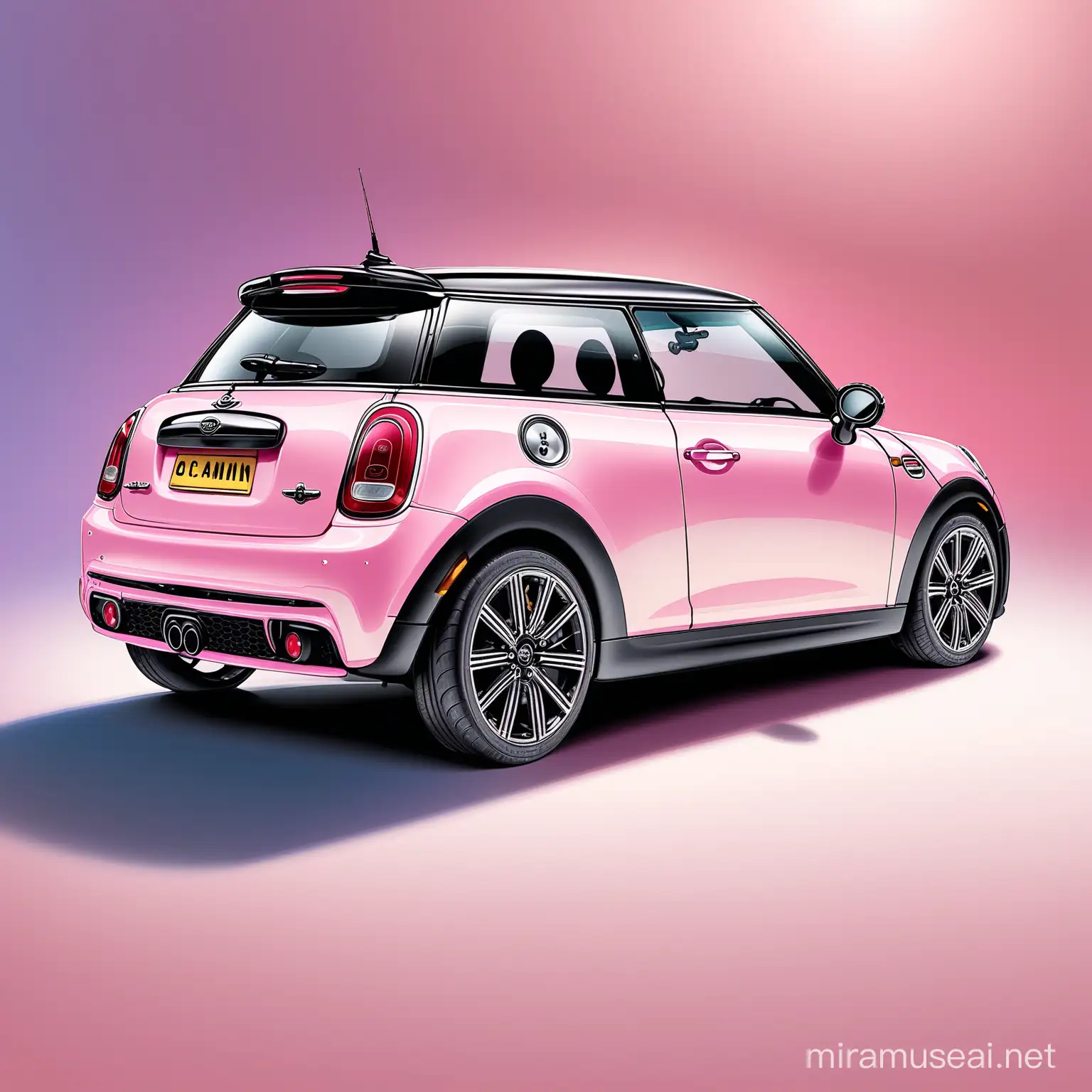 Man Driving Pink Mini Cooper Through Countryside Landscape