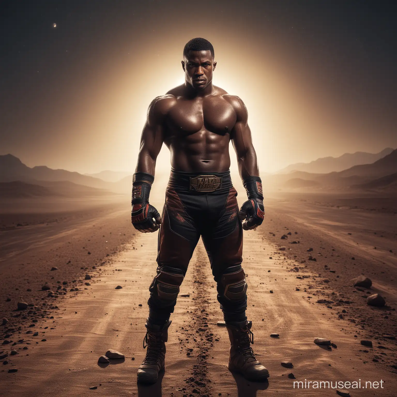 Majestic MMA Champion Standing on Mars Desert Road at Night