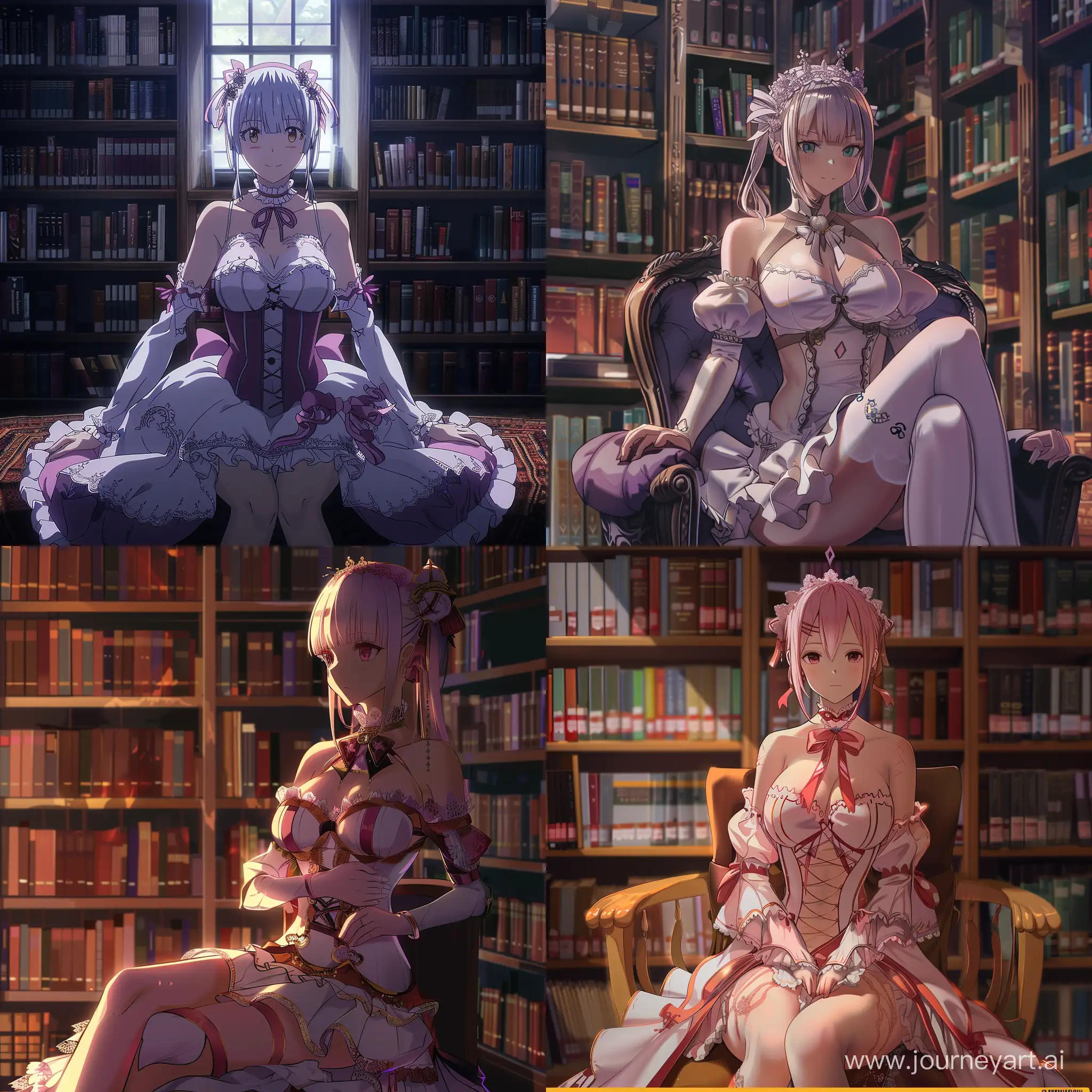 beatrice, re:zero, anime, in the library, beautiful dress, girl, sitting on the cheer