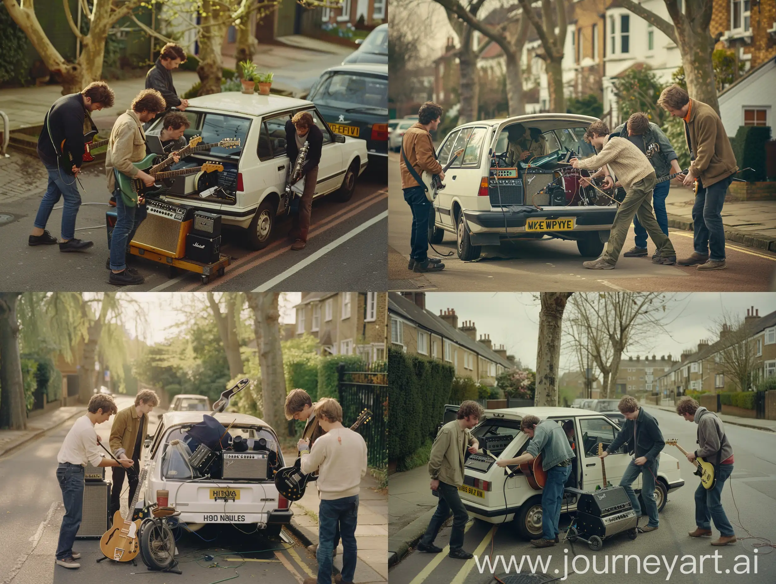Create cinematic film still. Four men in their mid twenties, British indie musicians loading musical instruments, amplifiers, guitars into a 1990s white Peugeot. On a London suburban road, London plane trees protruding from the pavement