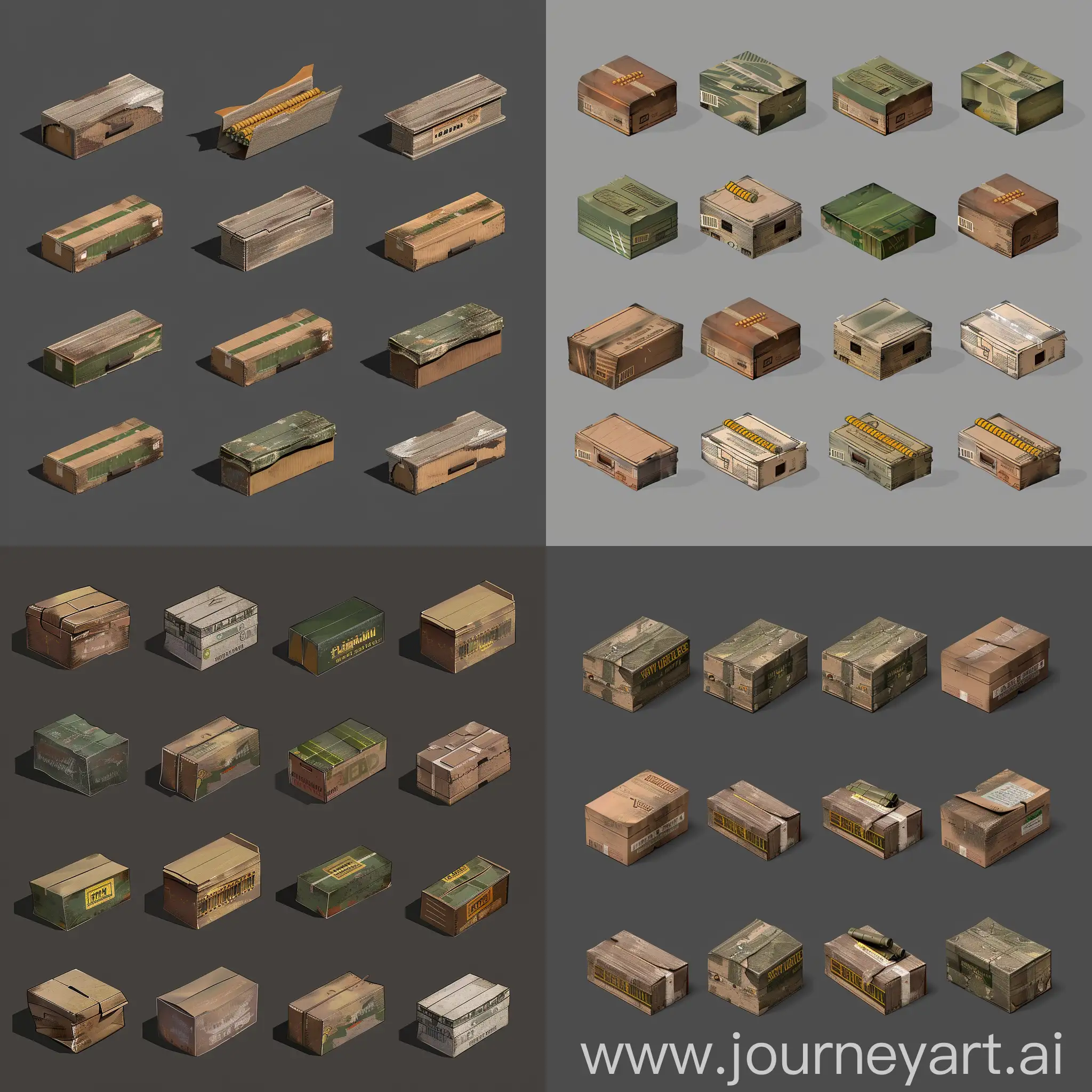 Isometric-Set-of-Worn-Ammo-Cardboard-Boxes-in-Blender-3D-Style