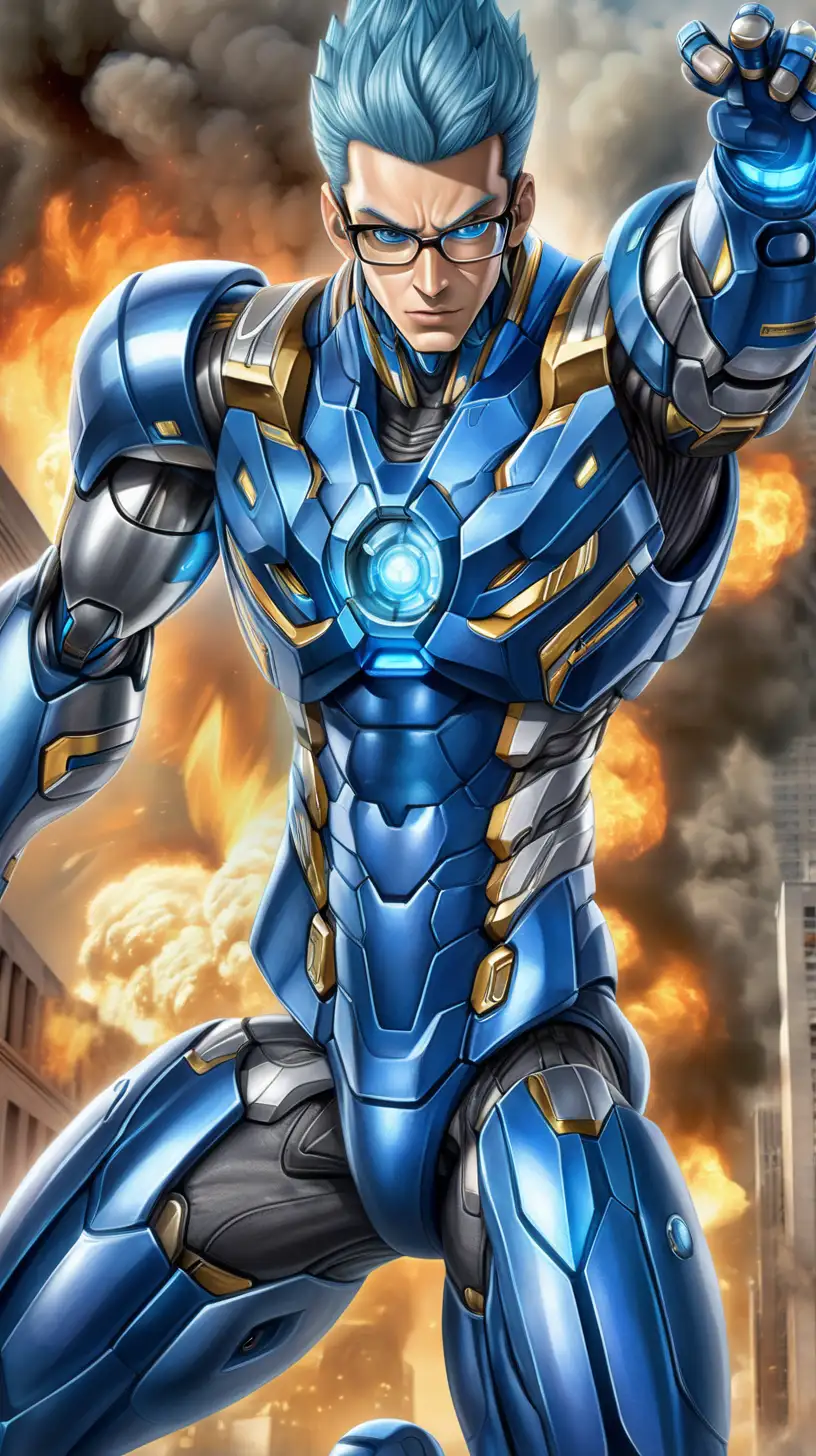 Captivating Male Android Hero Amidst Chaos and Flames