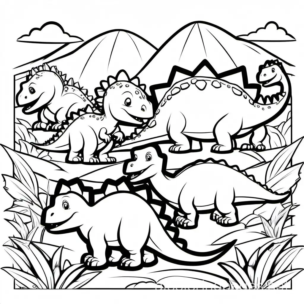 cute dinosaurs for young children, Coloring Page, black and white, line art, white background, Simplicity, Ample White Space. The background of the coloring page is plain white to make it easy for young children to color within the lines. The outlines of all the subjects are easy to distinguish, making it simple for kids to color without too much difficulty