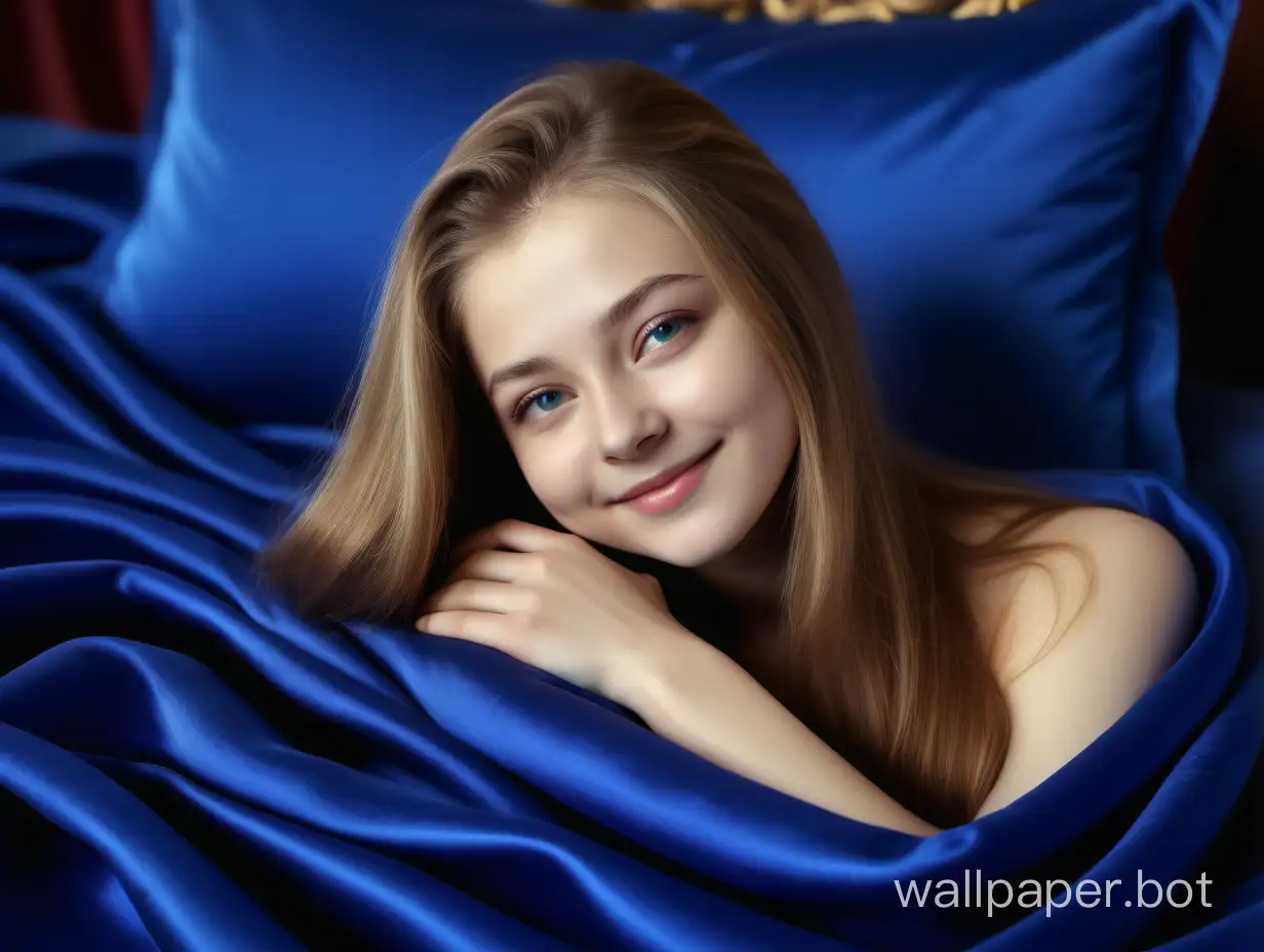Gentle, Sexy, Sunny, Young Julia Lipnitskaya with long straight silky hair relaxing on luxurious royal blue silk pillow under silk blanket and smiling